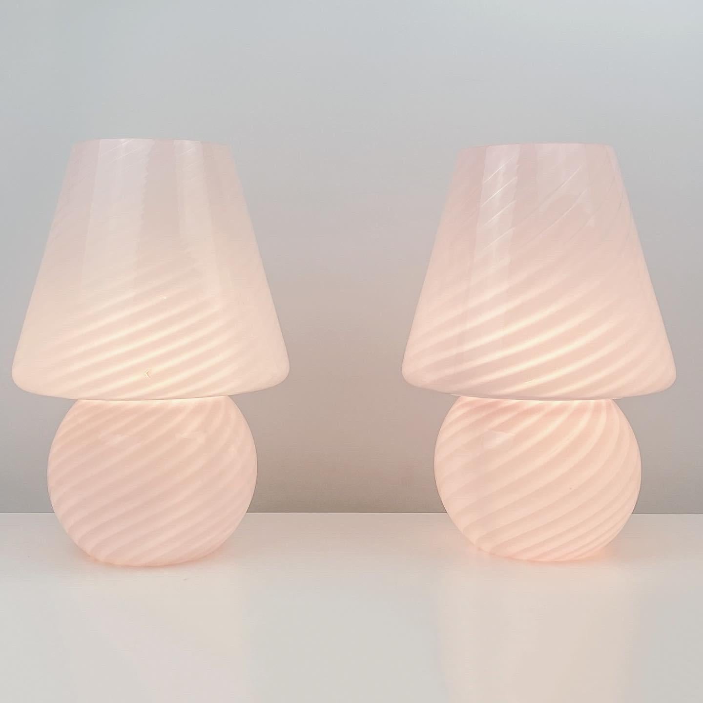 Murano Glass Vetri Murano XL Mushroom Pink Swirl Table Lamp Pair