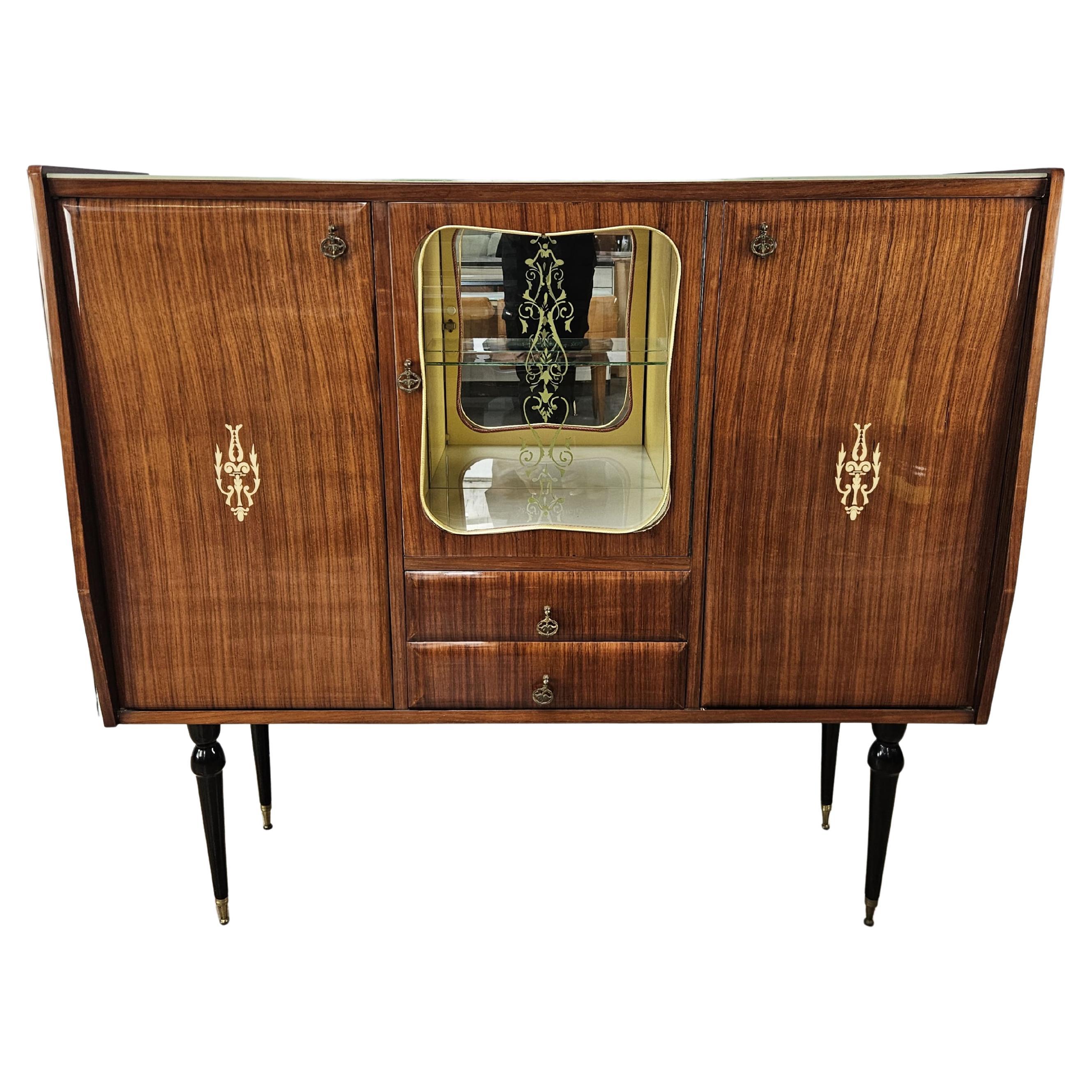 Italian Mid Century mahogany-covered display case with glass top 1960s For Sale