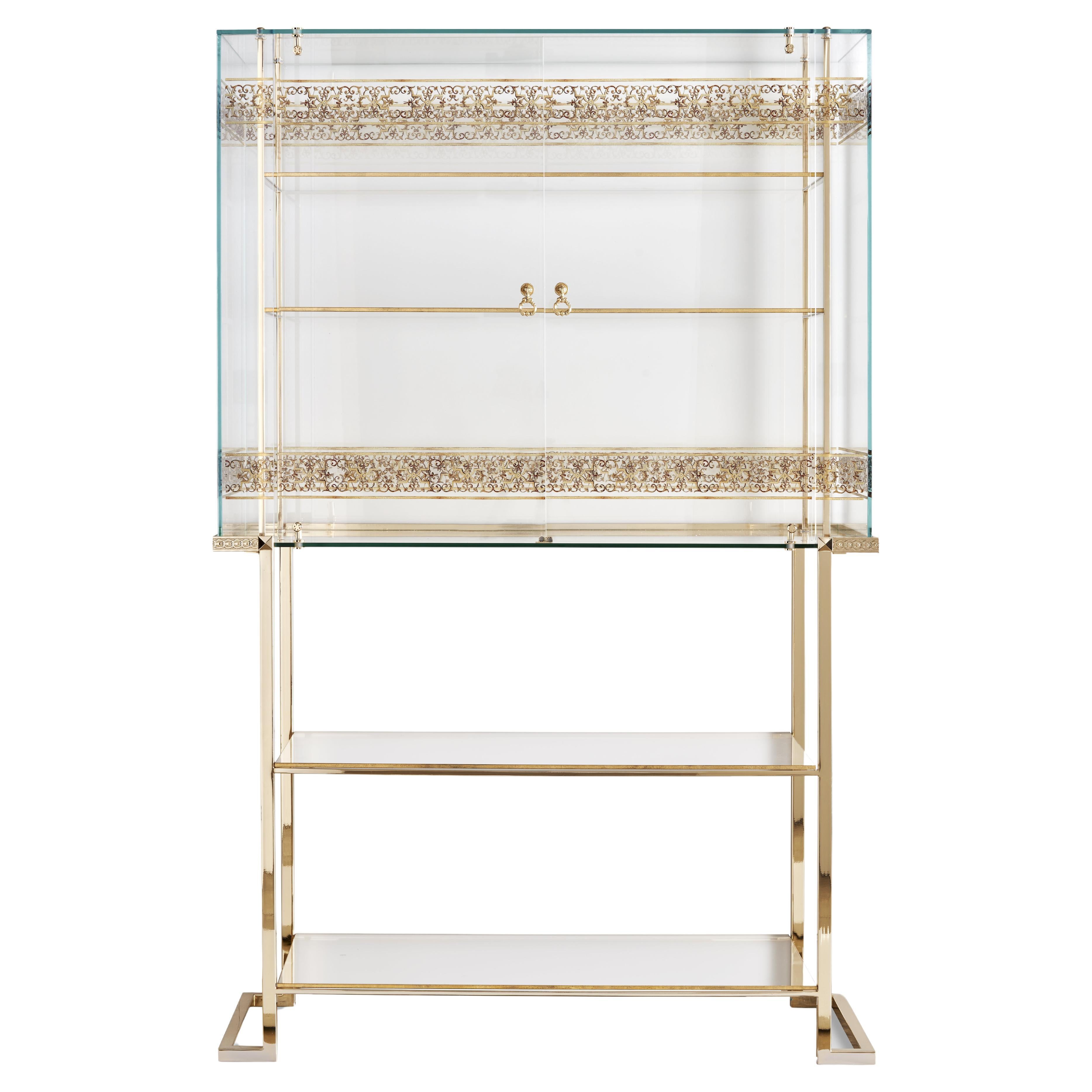 Neoclassical metal display case with gold24kt electroplating finish and decorated glass EL238 For Sale
