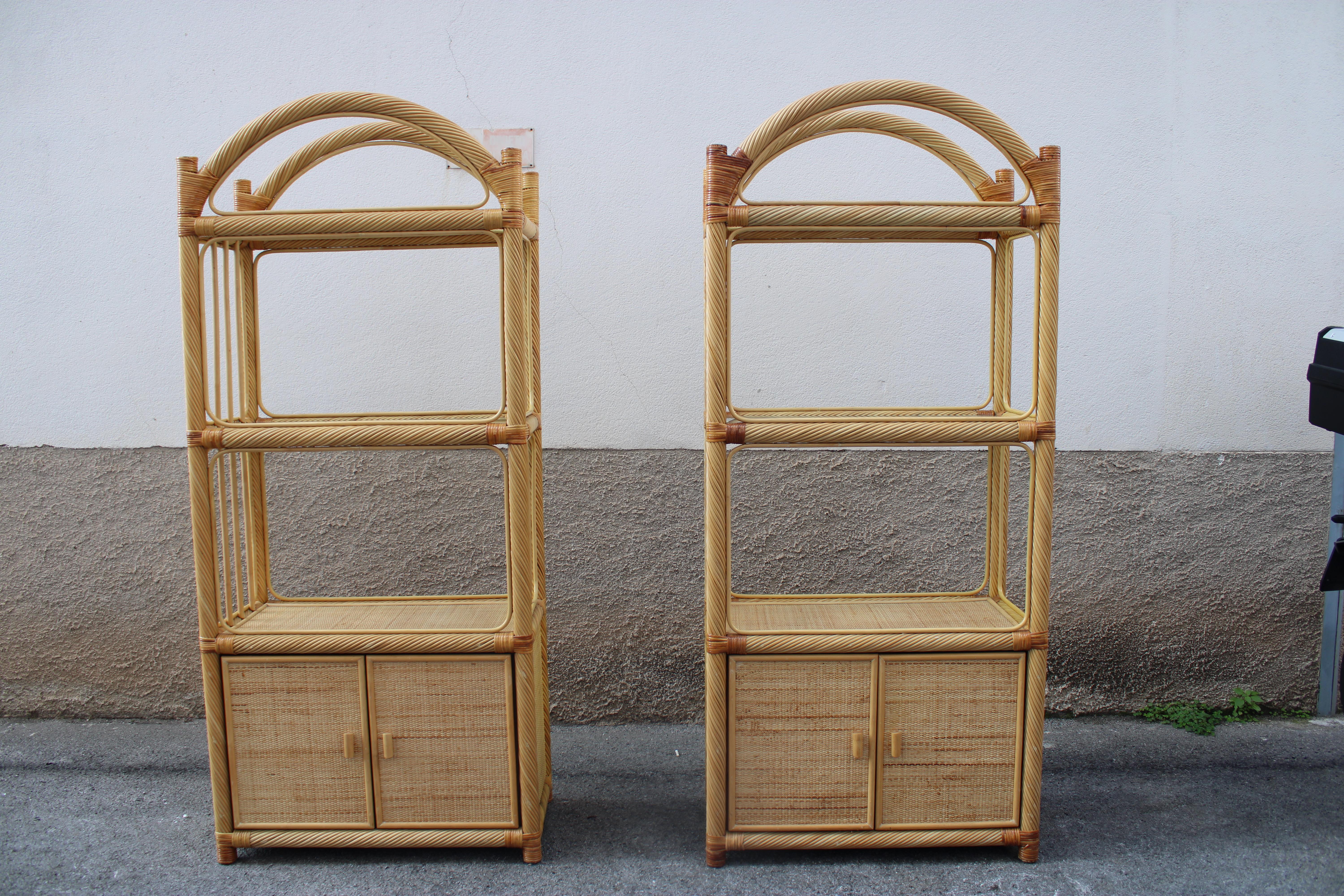 Pair of 1970s Southern Italian Nursery Showcases in Midollino and Bamboo