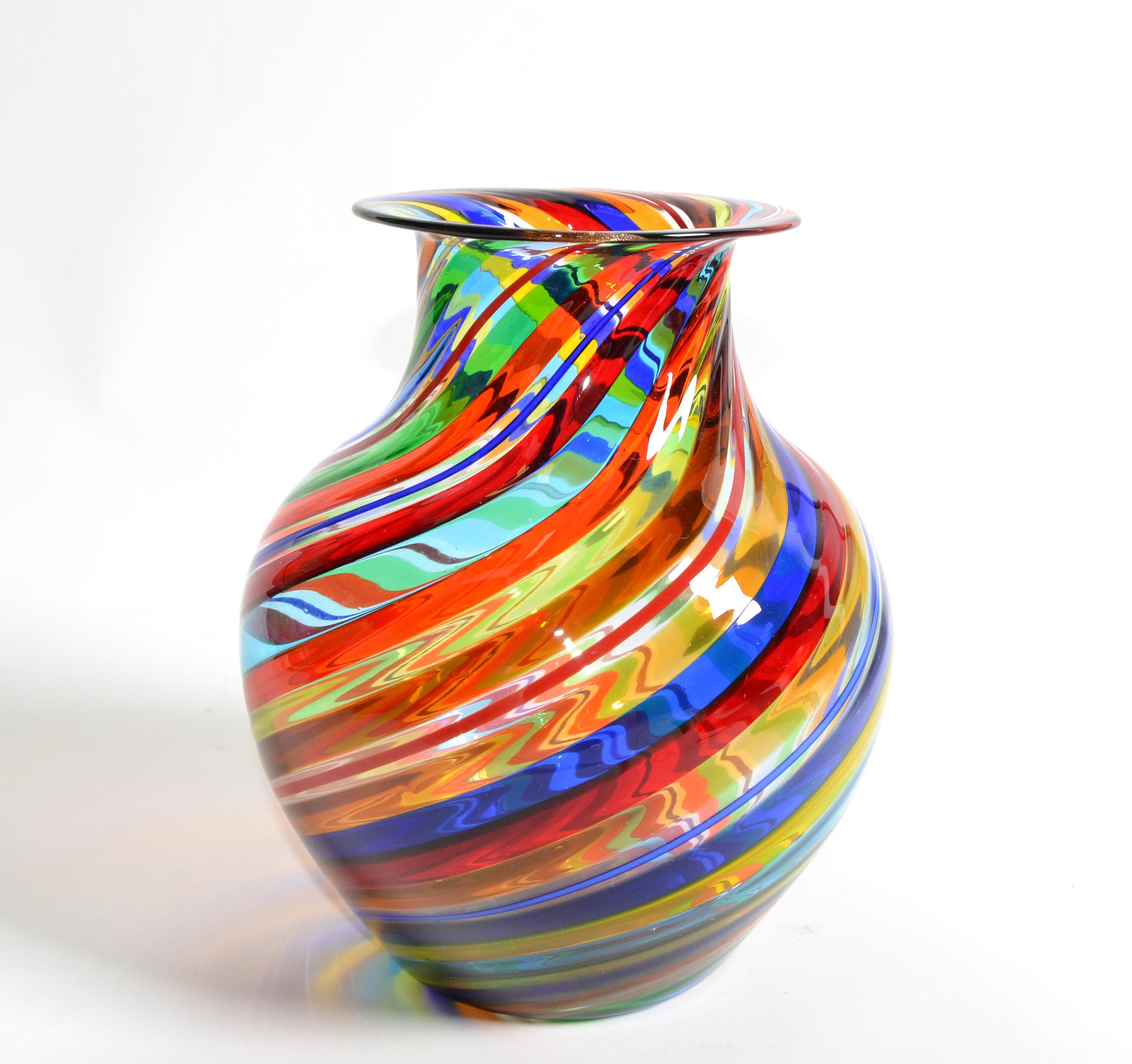 Mid-Century Modern Vetro Artistico Murano Blown Glass Decorative Vase Colorful Swirls, Italy, 1970