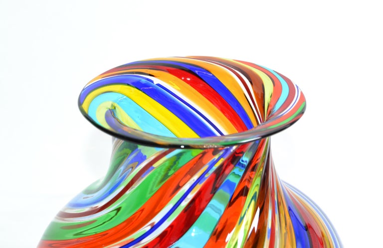 Hand-Crafted Vetro Artistico Murano Blown Glass Decorative Vase Colorful Swirls, Italy, 1970 For Sale