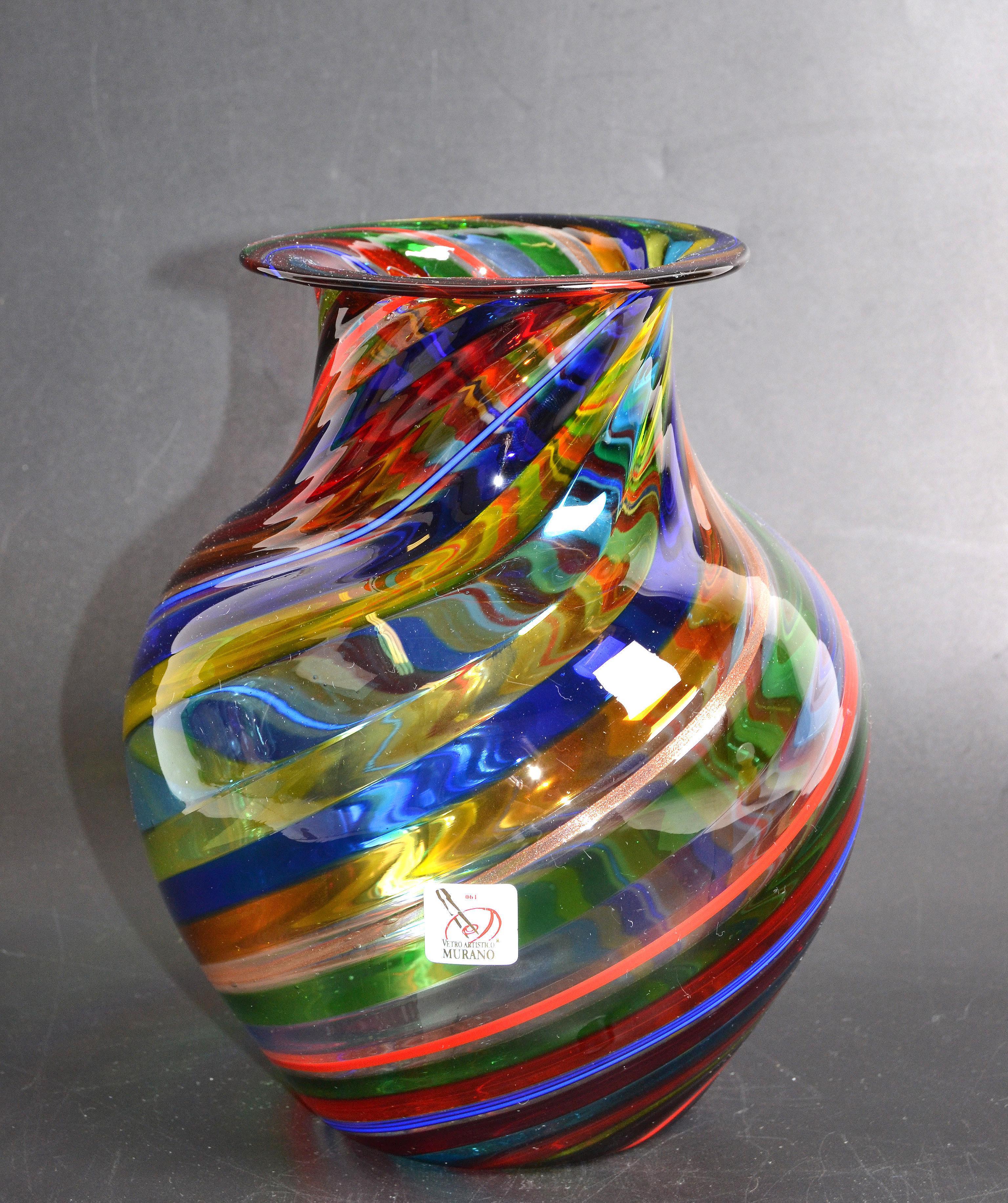 Hand-Crafted Vetro Artistico Murano Blown Glass Decorative Vase Colorful Swirls, Italy, 1970