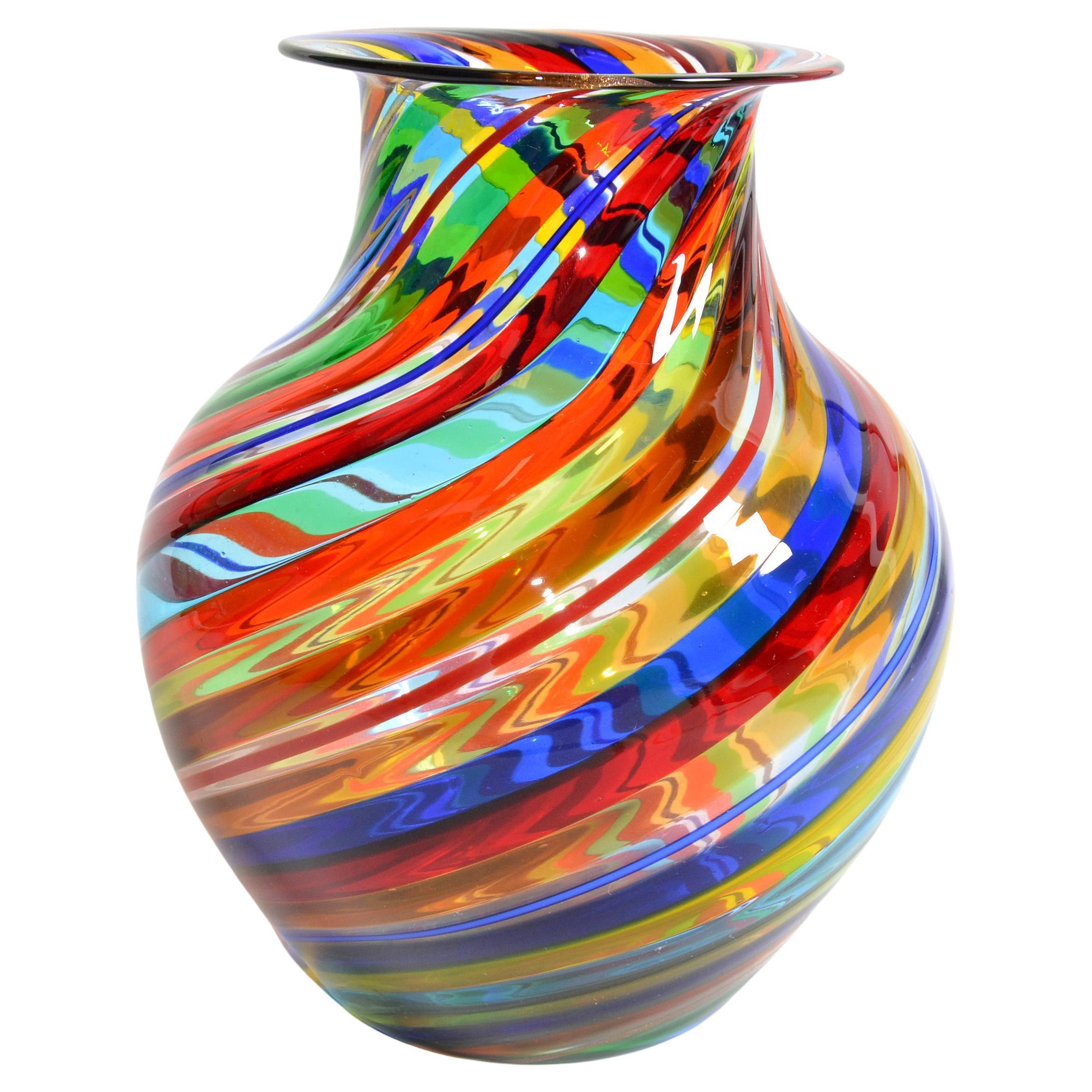 Vetro Artistico Murano Blown Glass Decorative Vase Colorful Swirls, Italy, 1970