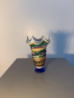 Multicolored Murano Art Glass Vase with Wavy Rim