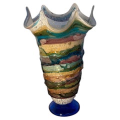 Multicolored Murano Art Glass Vase with Wavy Rim