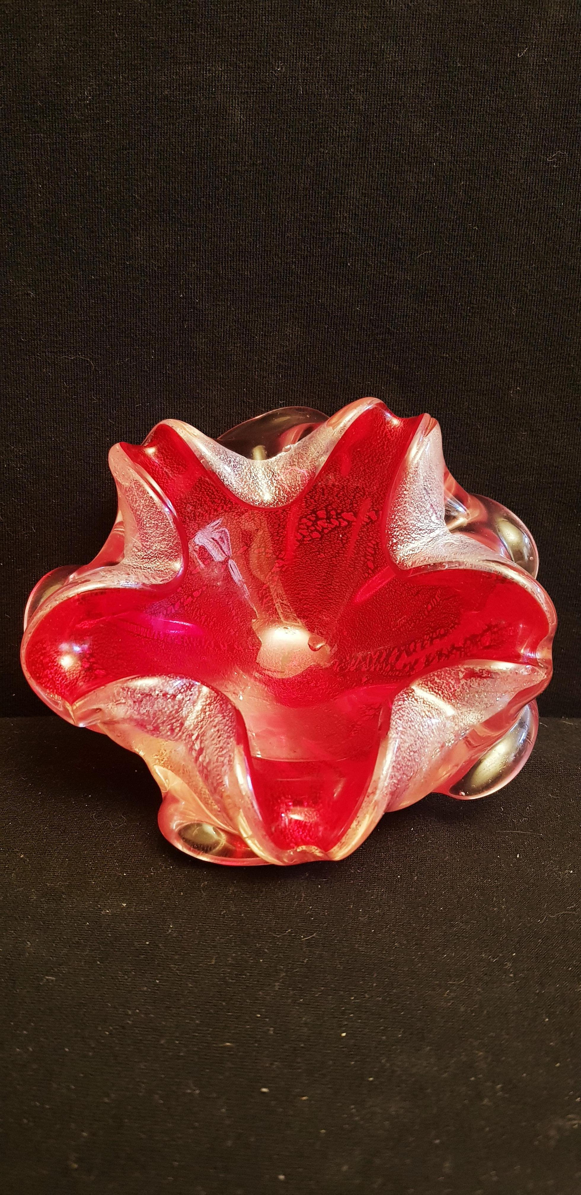 Vetro Artistico Murano Ruby Red Glass Ashtray with Silver Leaf For Sale 3