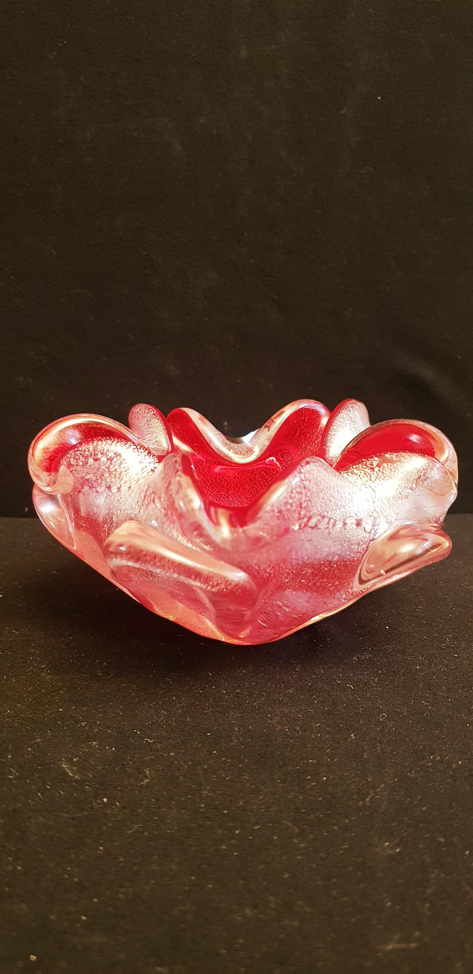 Vetro Artistico Murano Ruby Red Glass Ashtray with Silver Leaf For Sale 4