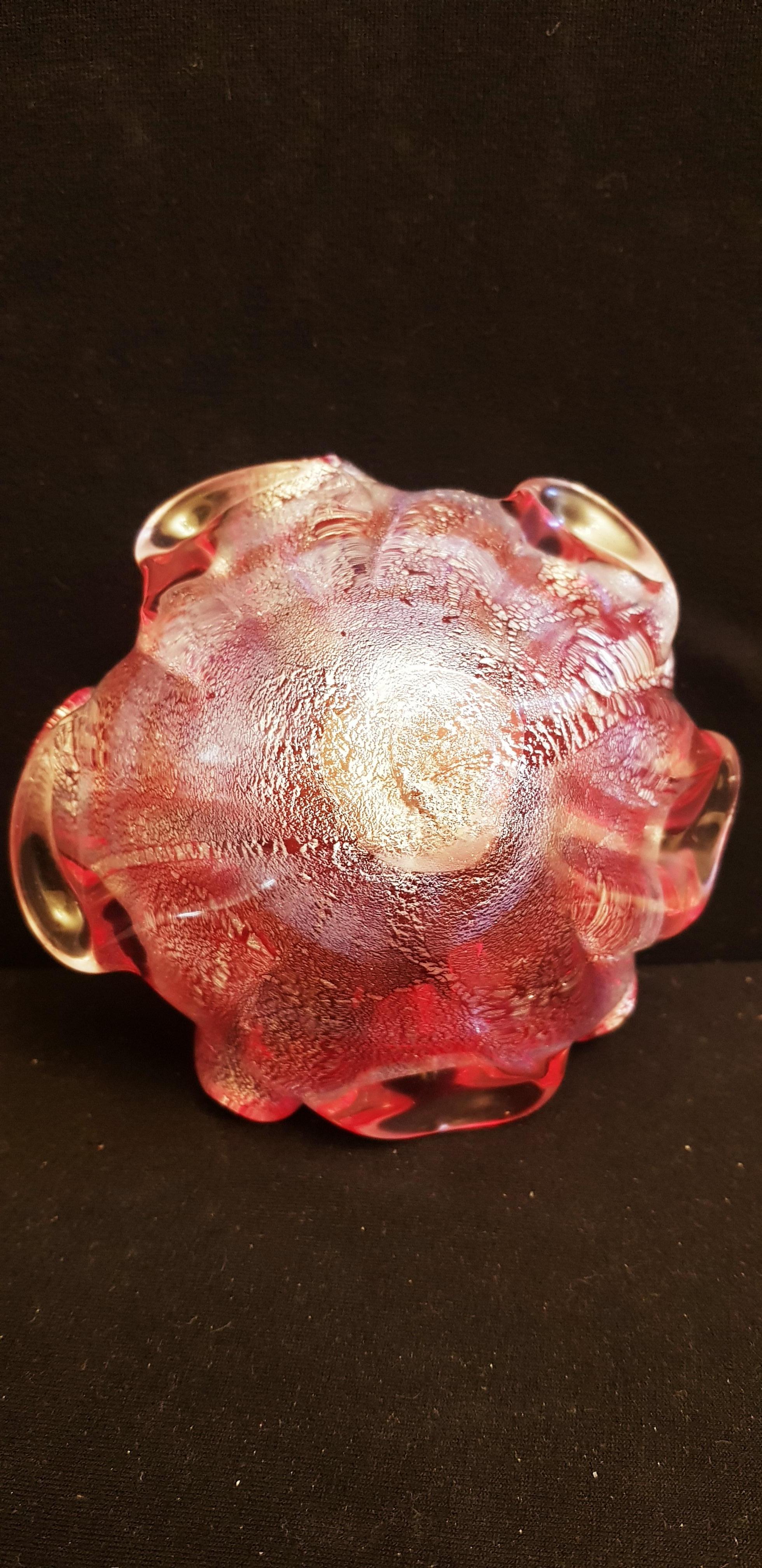 Vetro Artistico Murano Ruby Red Glass Ashtray with Silver Leaf For Sale 2