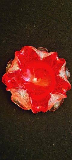 Vetro Artistico Murano Ruby Red Glass Ashtray with Silver Leaf