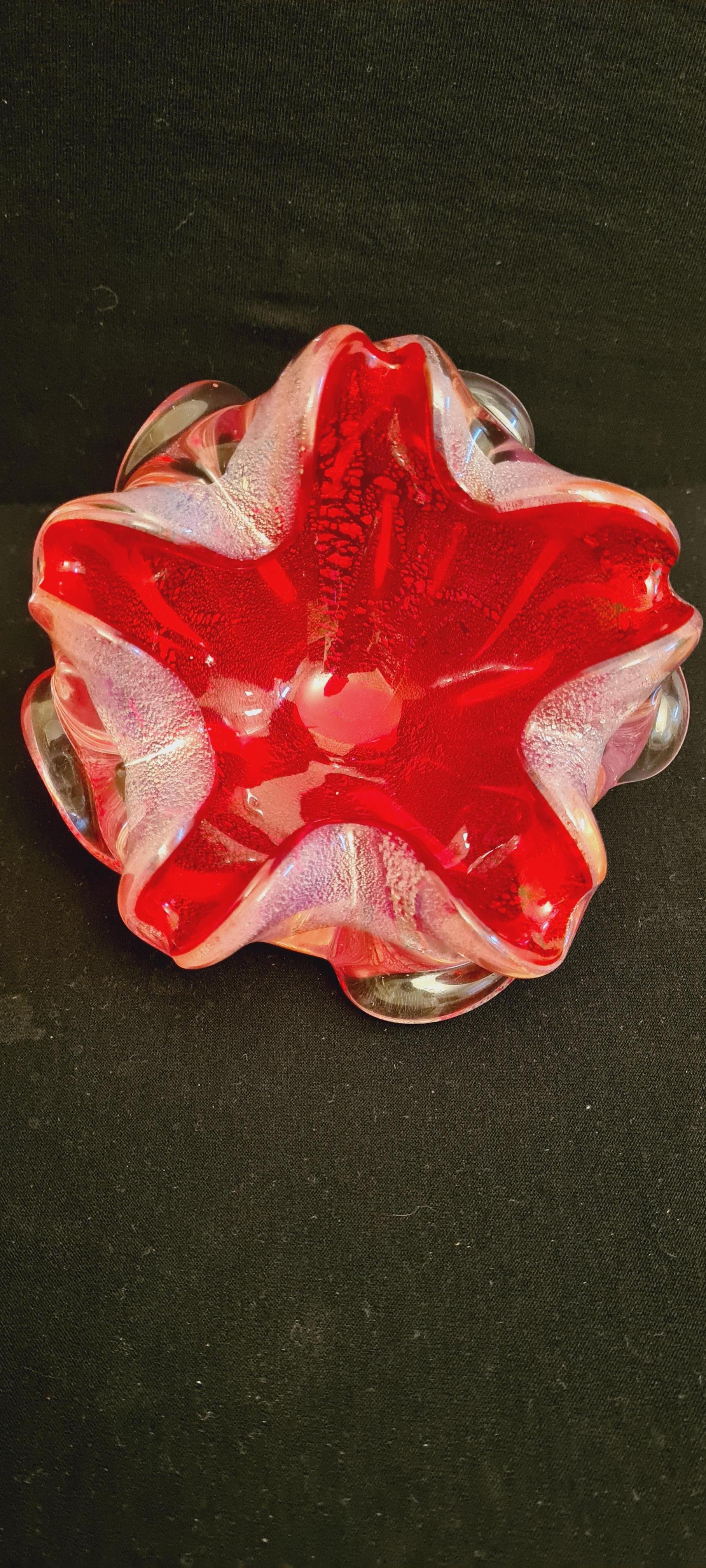 Mid-20th Century Vetro Artistico Murano Ruby Red Glass Ashtray with Silver Leaf For Sale