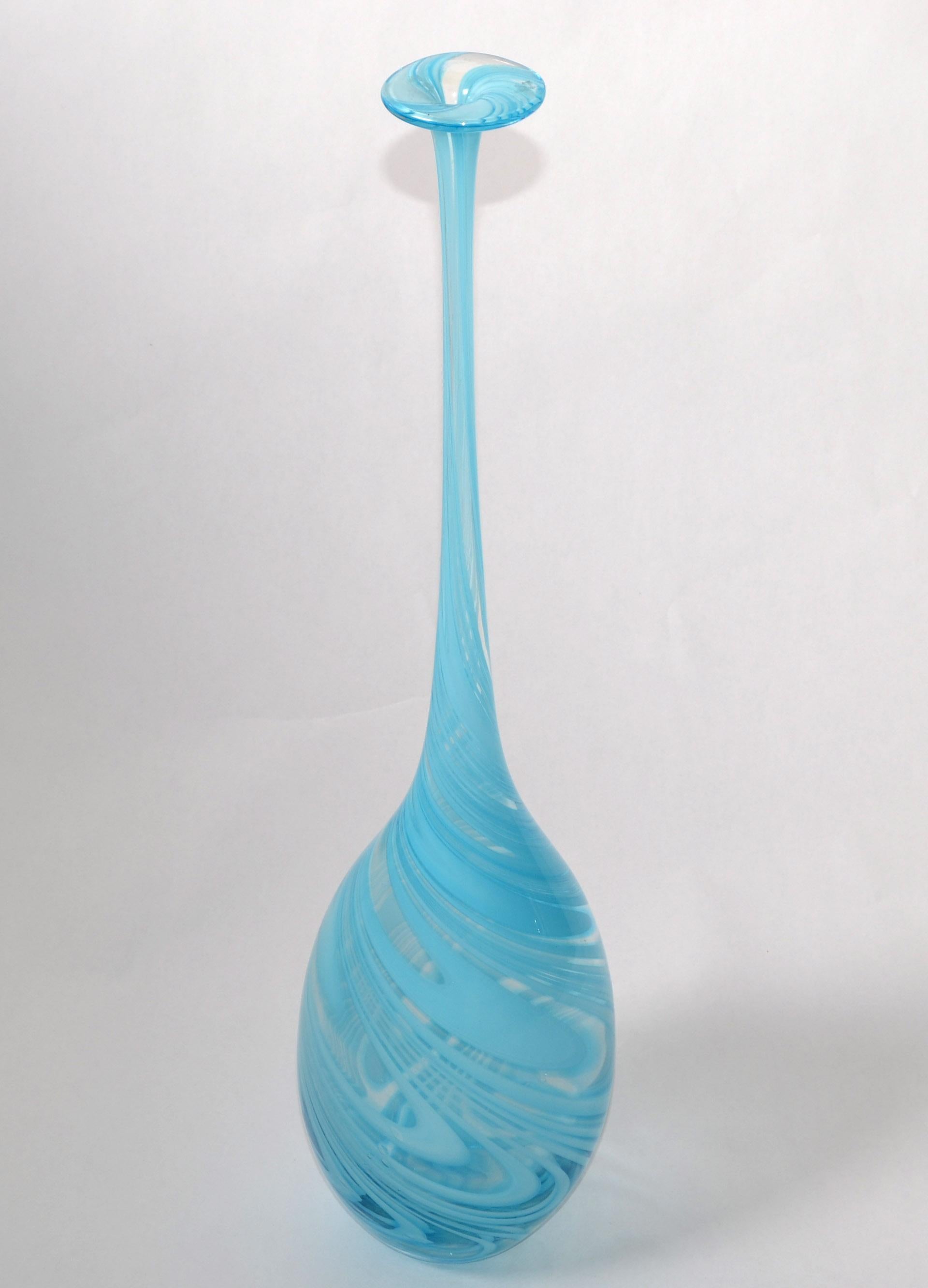 Mid-Century Modern Vetro Artistico Style Murano Blown Glass Decorative Vase Baby Blue Swirls, Italy For Sale