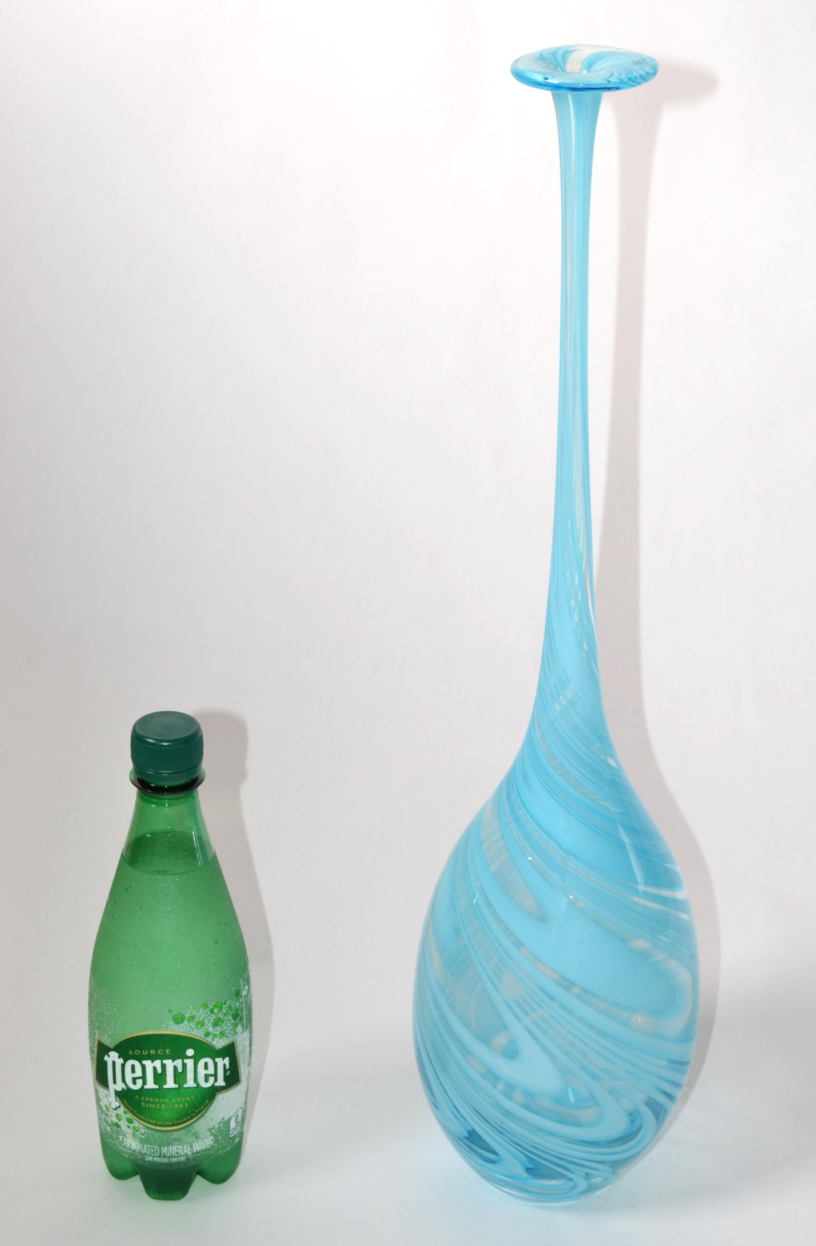 Italian Vetro Artistico Style Murano Blown Glass Decorative Vase Baby Blue Swirls, Italy For Sale