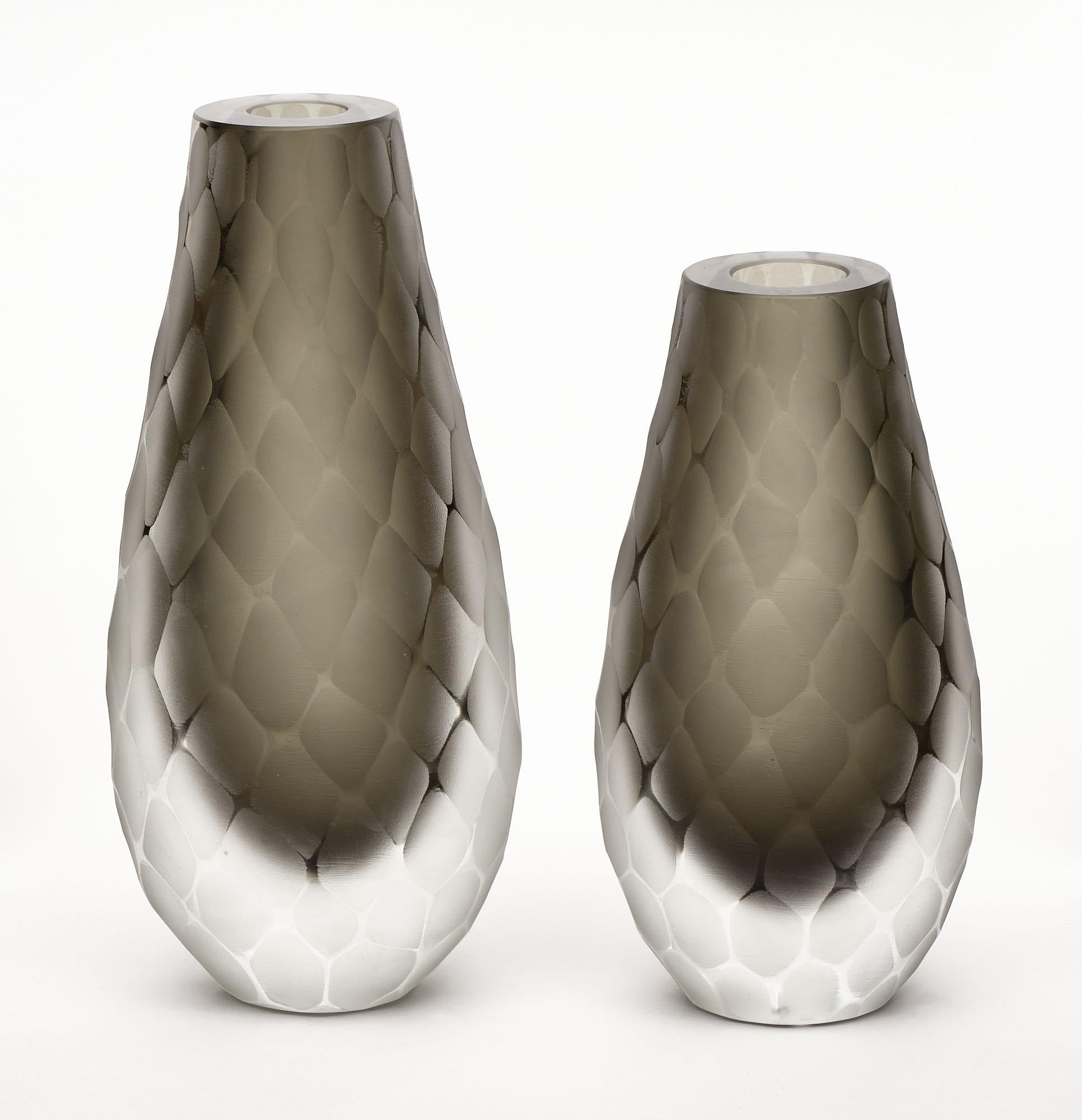 Vases - “Vetro Battuto” gray Murano glass vases originally designed by Carlo Scarpa. This set has a beautiful graphite gray color to the hand-blown glass and features the “vetro battuto” or hammered technique. The measurements listed are for the