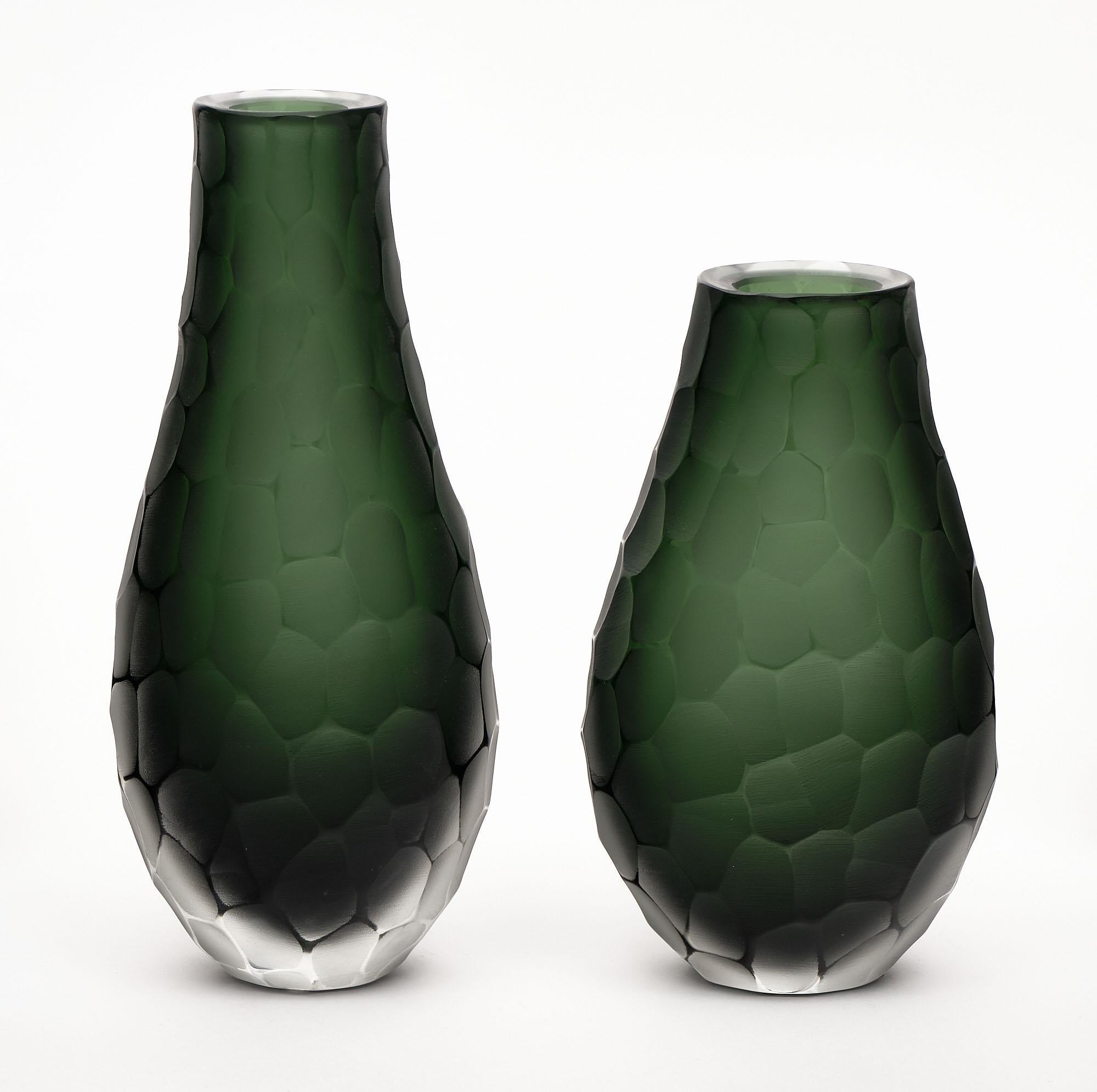 Vases - “Vetro Battuto” green Murano glass vases originally designed by Carlo Scarpa. This set has a beautiful forest green color to the hand-blown glass and features the “vetro battuto” or hammered technique. The measurements listed are for the
