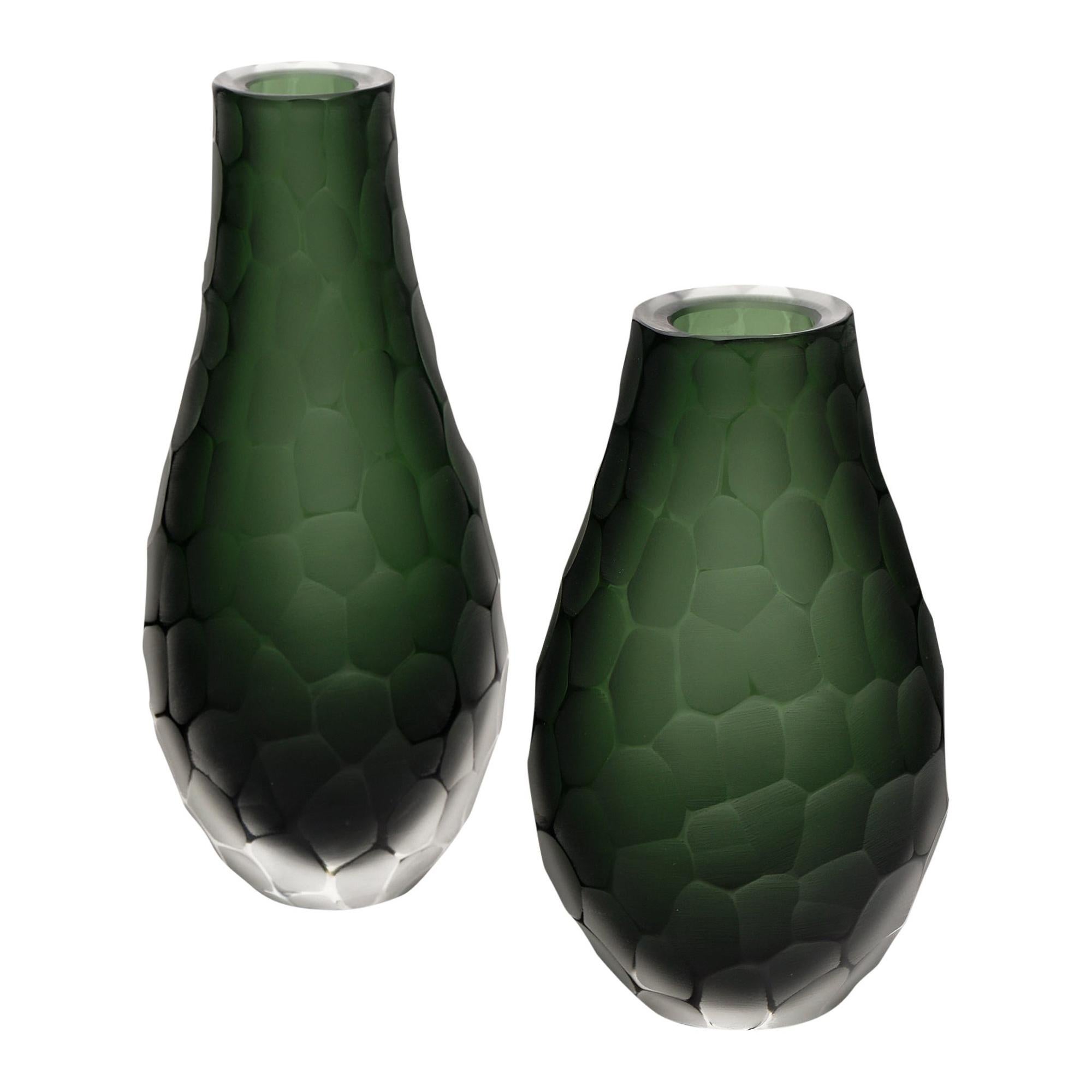 “Vetro Battuto” Green Murano Glass Vases