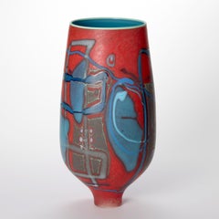 Vetrograph Bishoff, diseño abstracto rojo, jarrón de cristal azul cerúleo, Anne Clifton