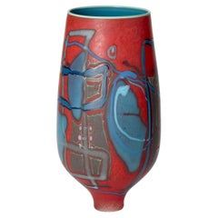 Vetrograph Bishoff, abstract design red, cerulean blue glass vase, Anne Clifton