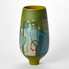 Vetrograph Caledonicus, green & blue abstact design glass vessel by Anne Clifton