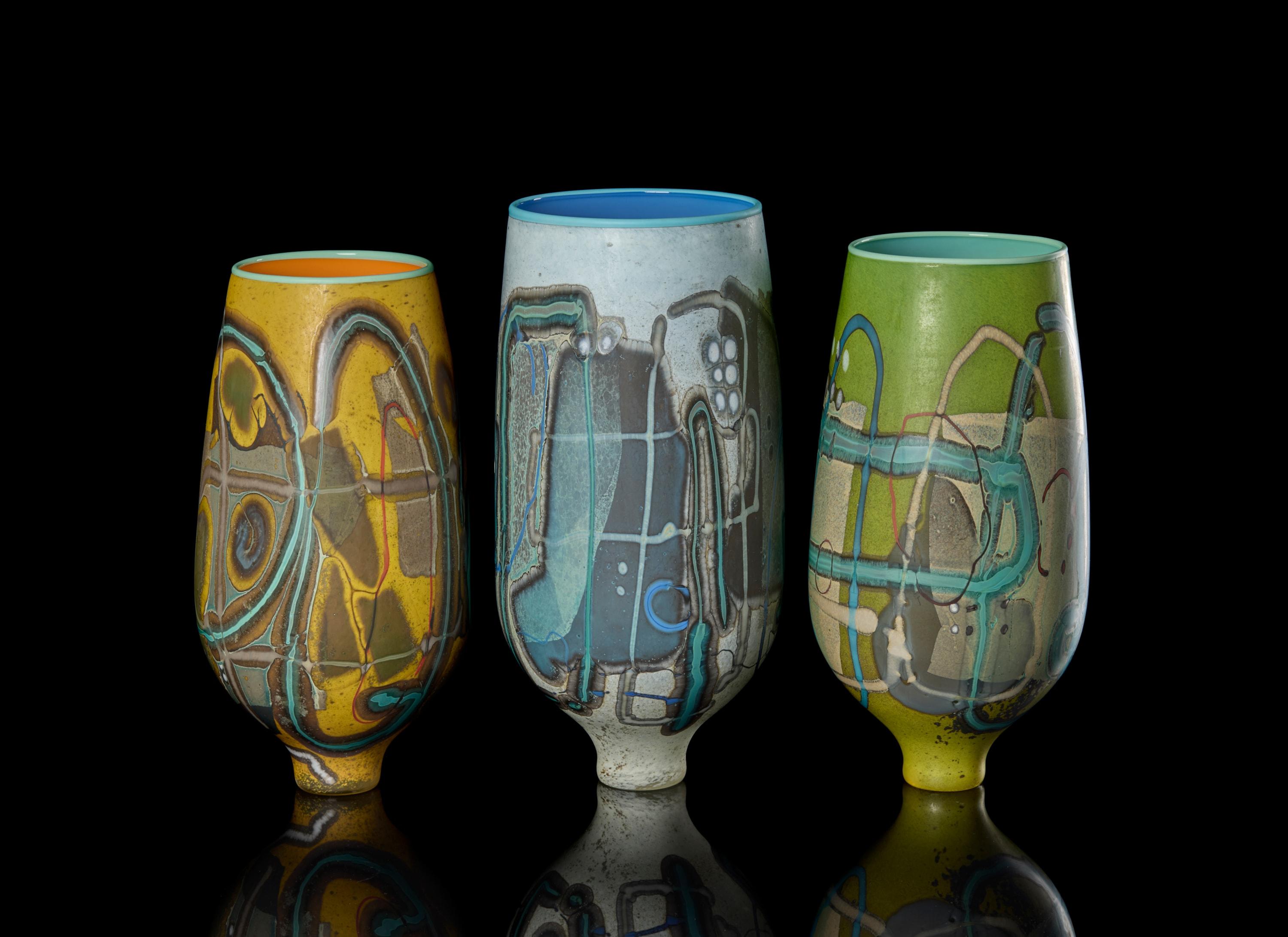 Vetrograph Candelariella, jarrón de diseño abstracto amarillo y jade de Anne Clifton Vidrio en venta