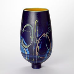 Vetrograph Diopside, abstract design dark blue, green glass vase by Anne Clifton