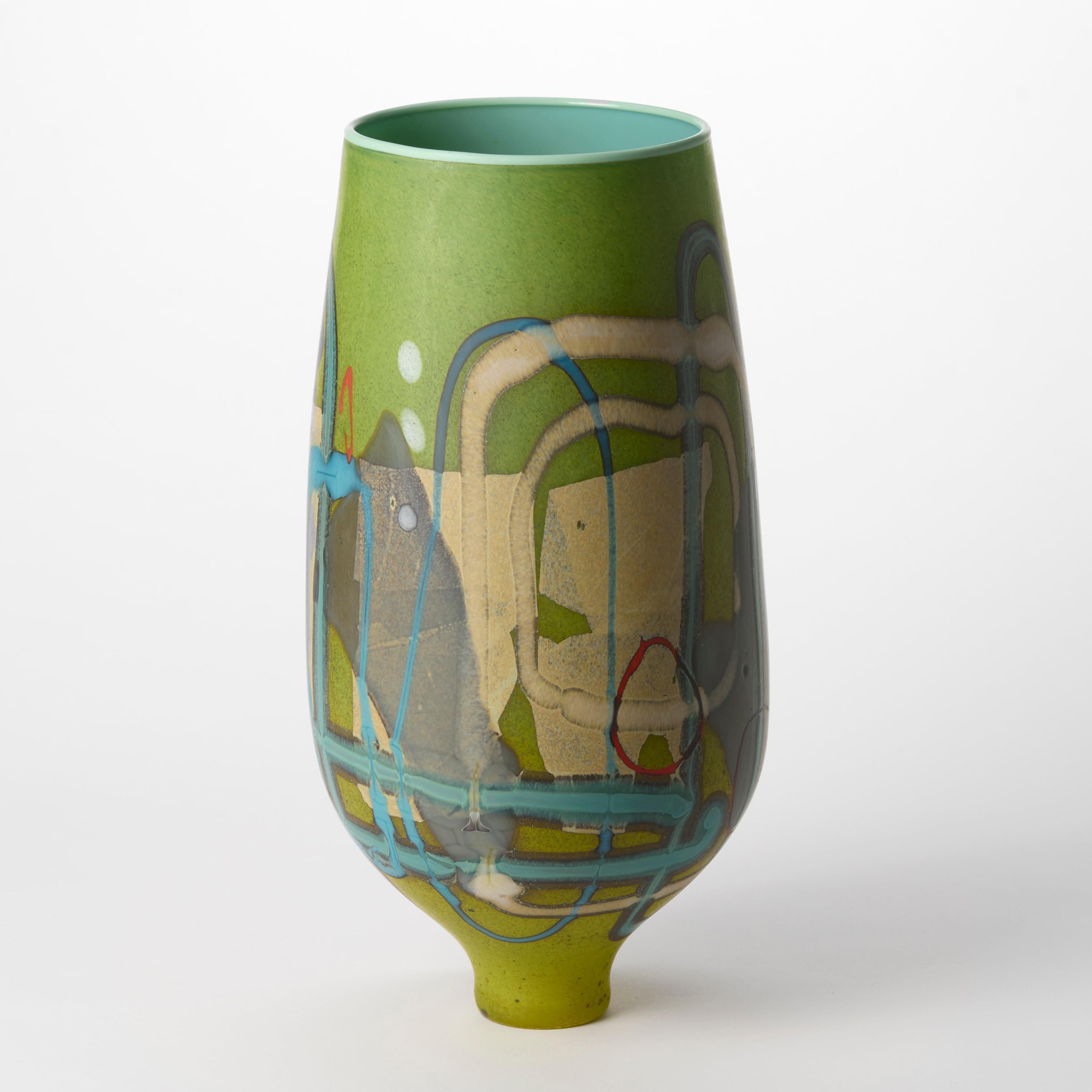 Vetrograph Limosum, jarrón de cristal con diseño abstracto verde lima y aqua de Anne Clifton Australiano en venta