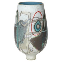Vetrograph Lune, abstact design ice blue, red & teal glass vase by Anne Clifton