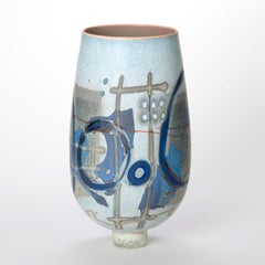 Vetrograph Moina, abstract design blue & red glass vase by Anne Clifton