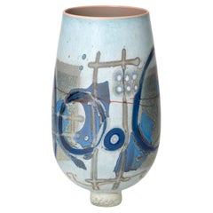 Vetrograph Moina, abstract design blue & red glass vase by Anne Clifton