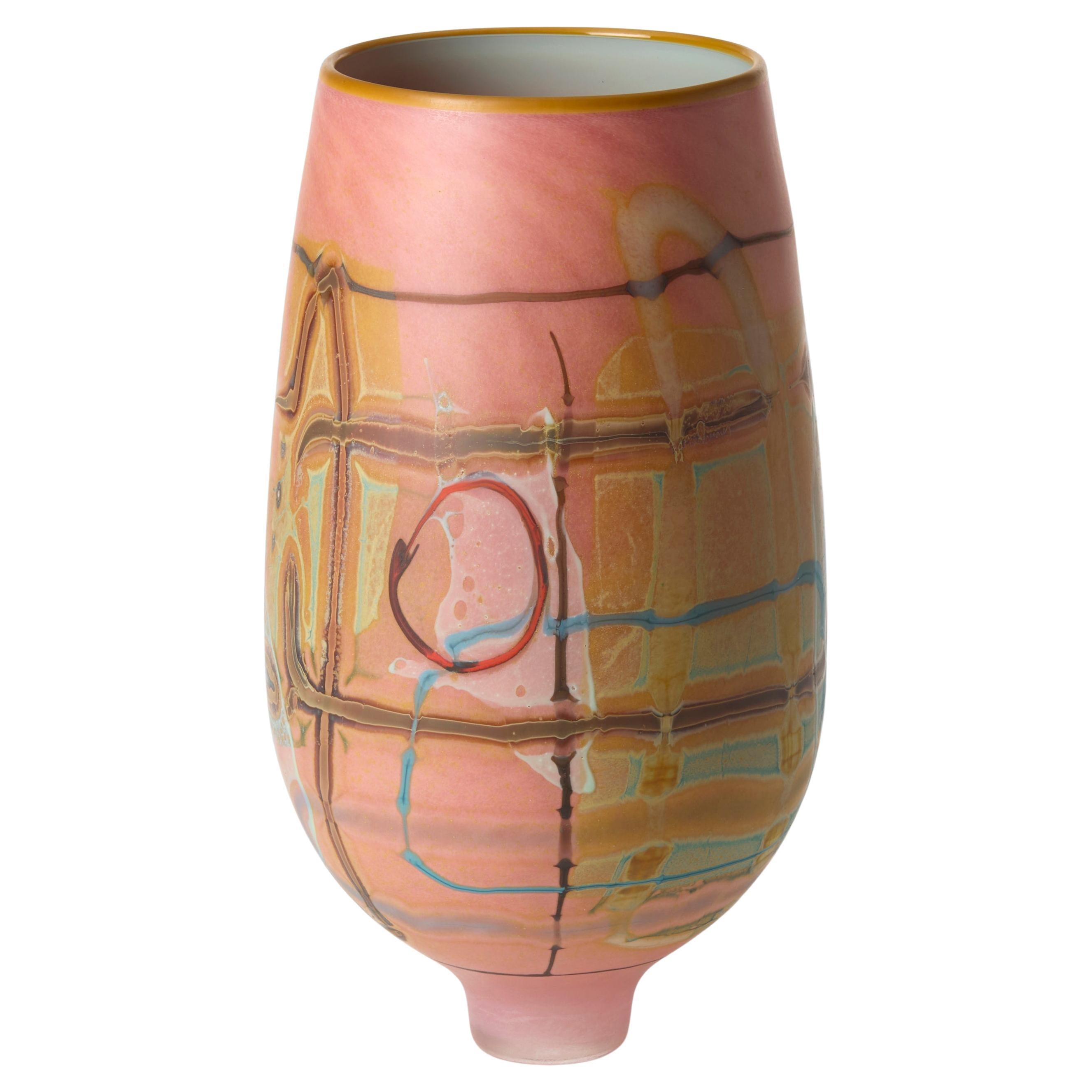 Vetrograph Roseus, abstract design pink, gold 
jade glass vase by Anne Clifton
