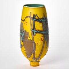 Vetrograph Zaden, jarrón de cristal con diseño abstracto amarillo y azul de Anne Clifton