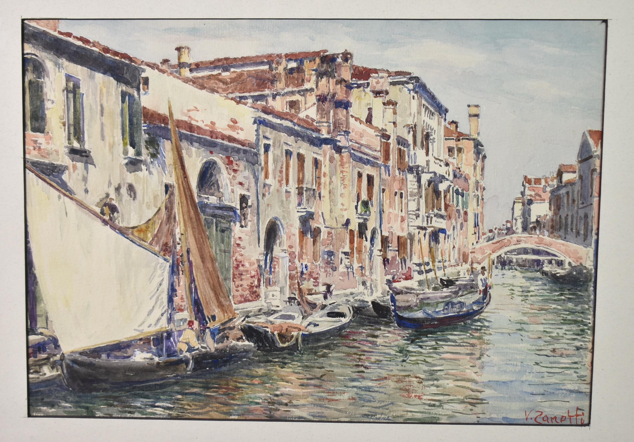 Italian watercolor canal scene by Vettore Zanetti (1964-1946), signed lower left corner, circa 1890-1910s. Zanetti participated in international exhibitions, specifically in the Venice Art since its inception in 1895. He experimented with watercolor