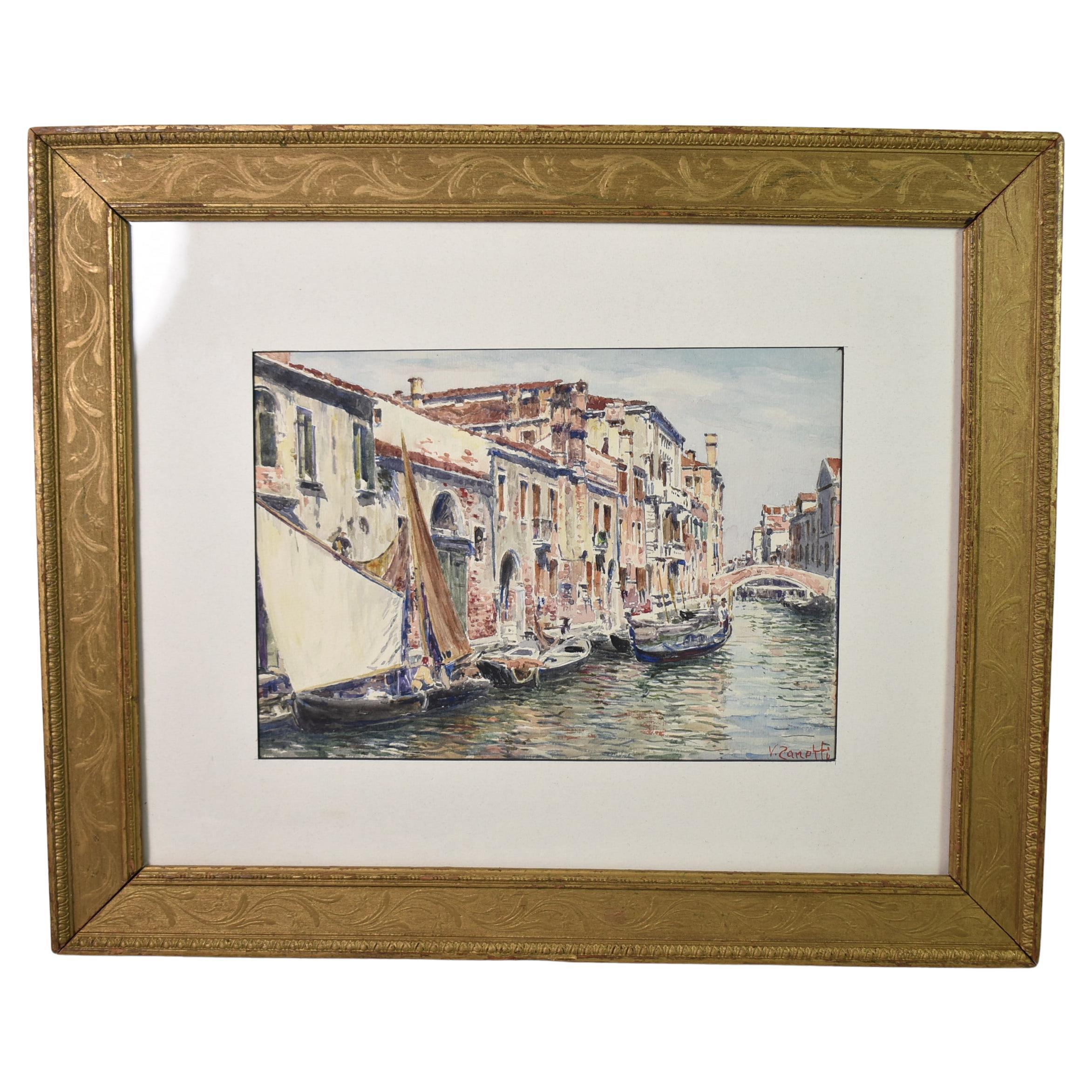 Vettore Zanetti aquarelle - Scène du canal de Venise signée