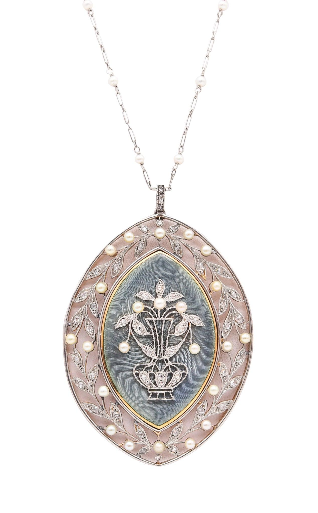 Vever PARIS 1900 Collier édouardien en platine émaillé avec diamants et perles