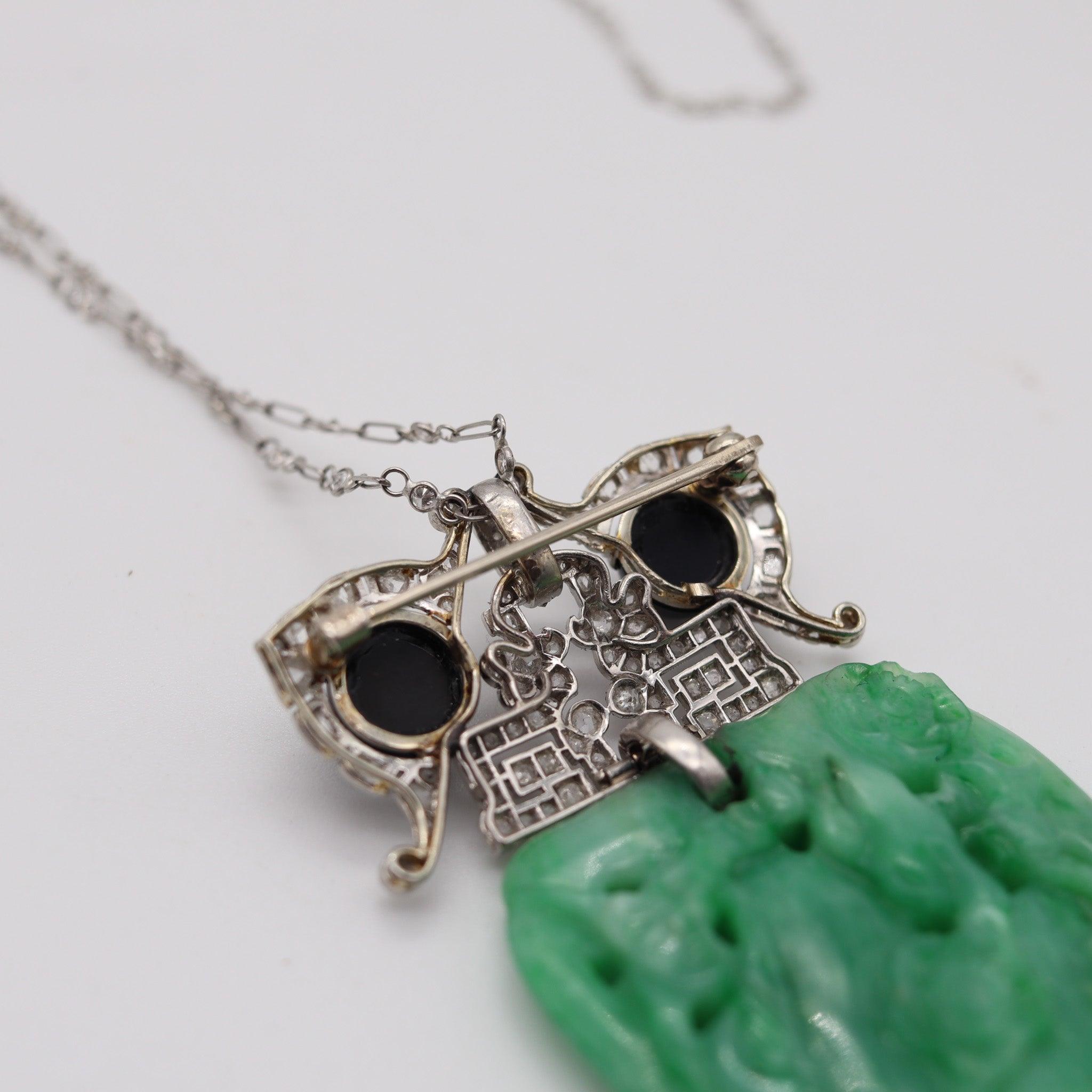 VEVER Paris 1920 Deco Platinum Necklace-Brooch With Jadeite, Diamonds & Onyx For Sale 4