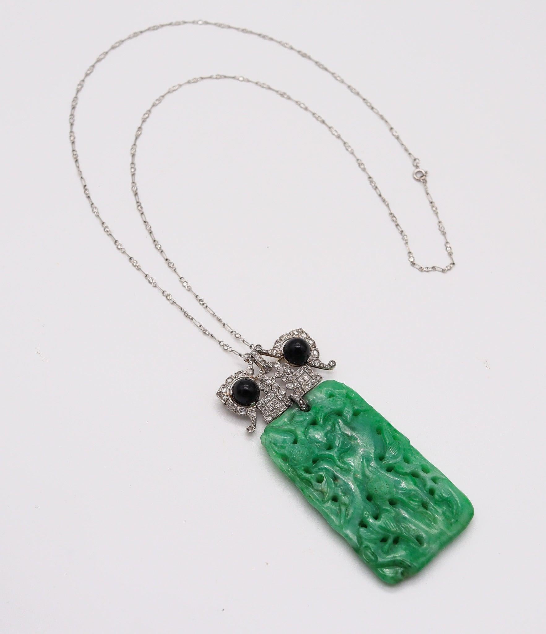 Art Deco VEVER Paris 1920 Deco Platinum Necklace-Brooch With Jadeite, Diamonds & Onyx For Sale