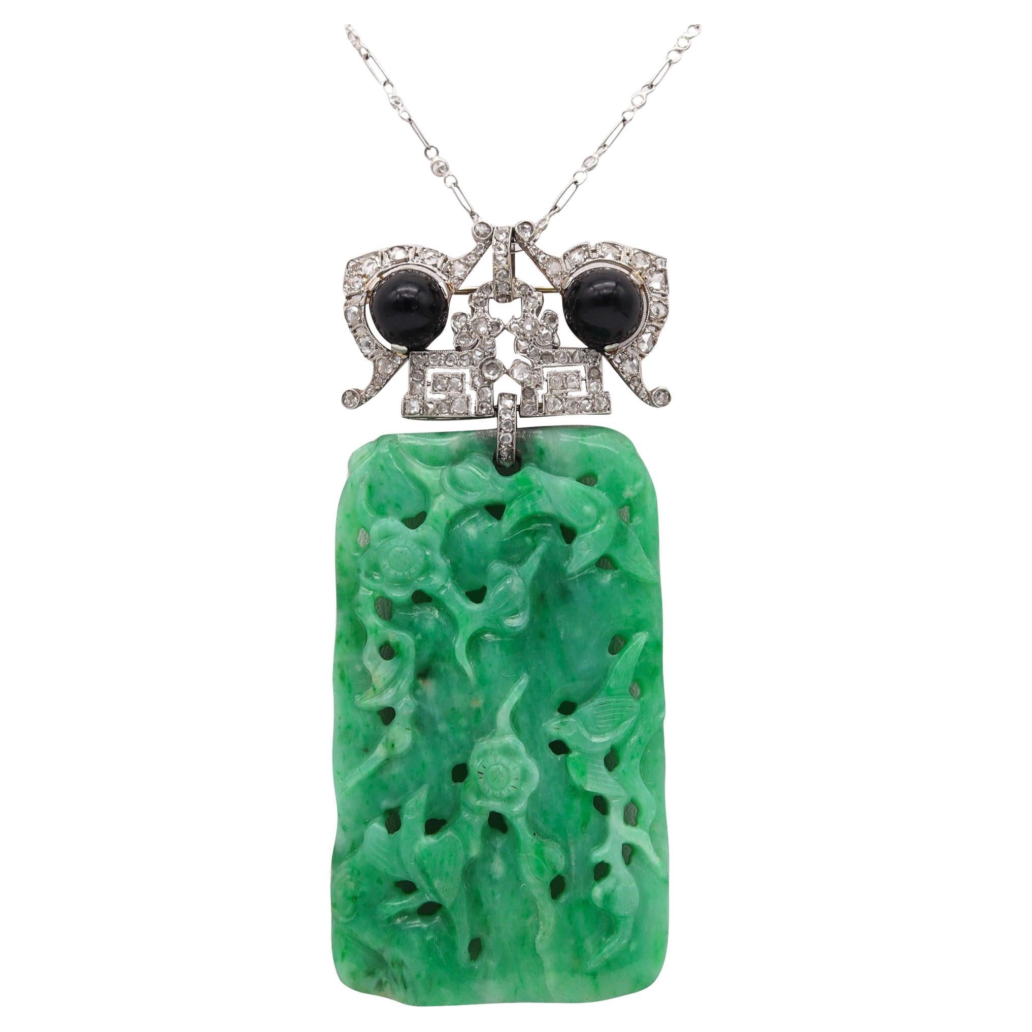 VEVER Paris 1920 Deco Platinum Necklace-Brooch With Jadeite, Diamonds & Onyx For Sale