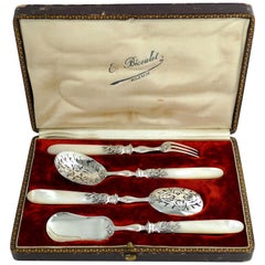 Antique Veyrat French Sterling Silver Mother of Pearl Dessert Hors D'Oeuvre Set, Box