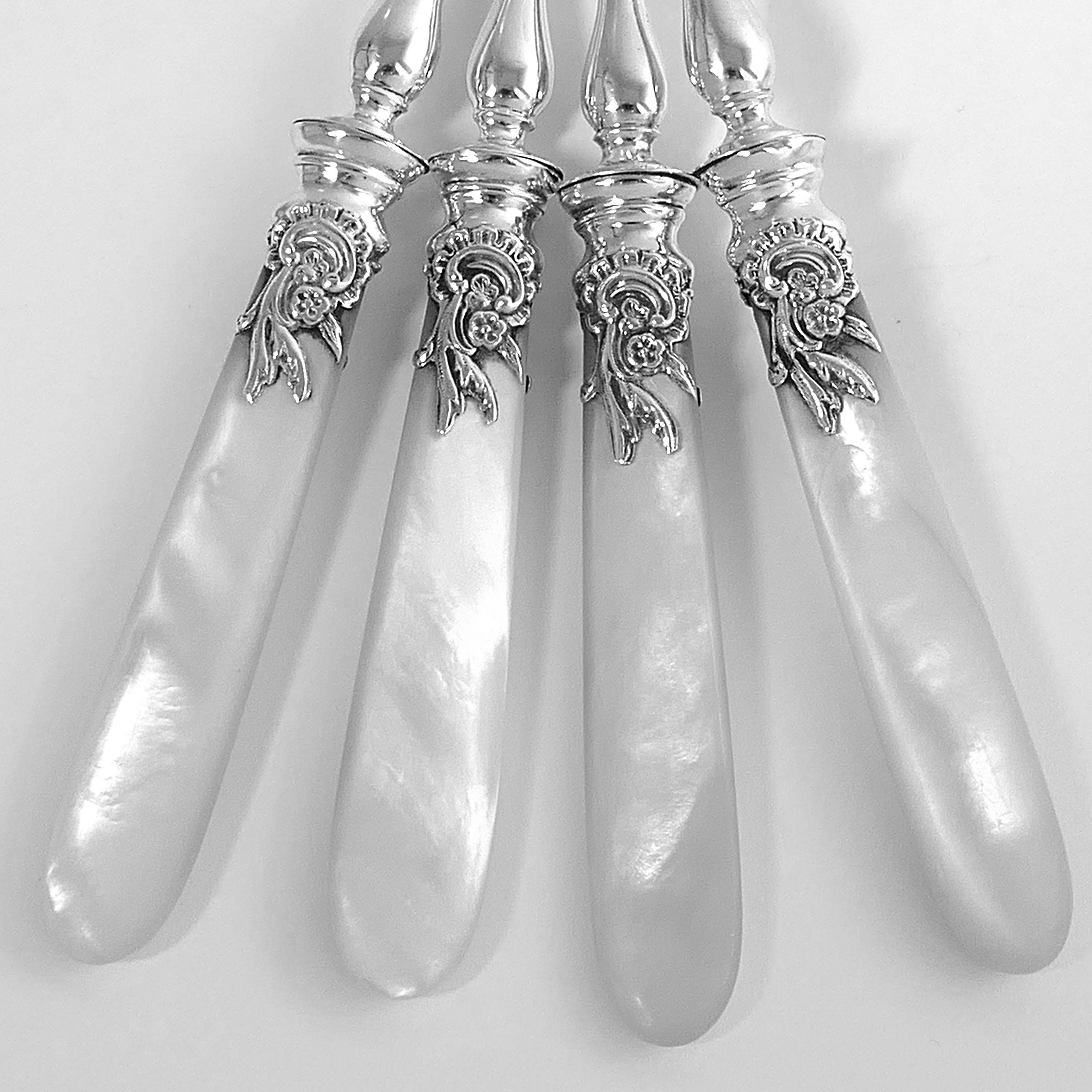 Napoleon III Veyrat French Sterling Silver Mother of Pearl Dessert Hors D'Oeuvre Set, Box