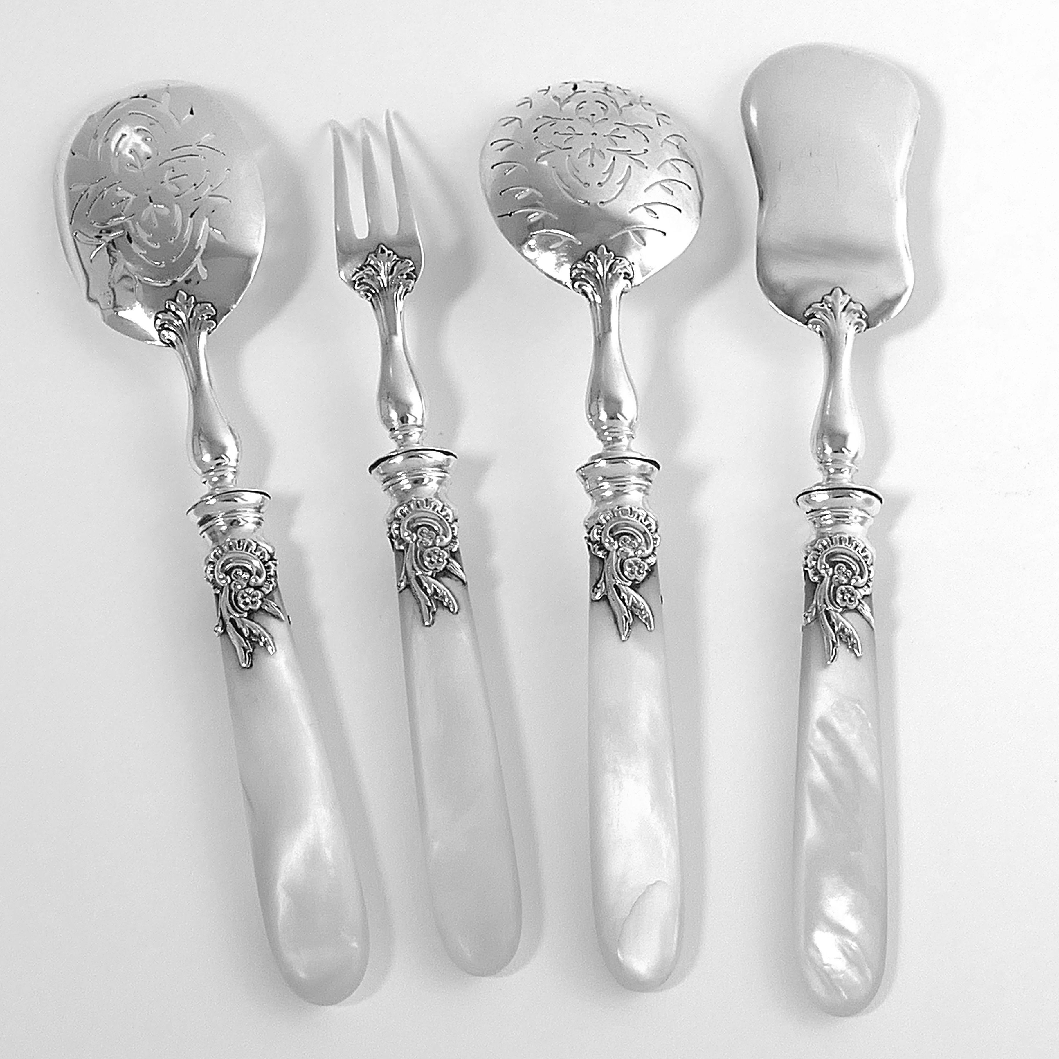 Mid-19th Century Veyrat French Sterling Silver Mother of Pearl Dessert Hors D'Oeuvre Set, Box