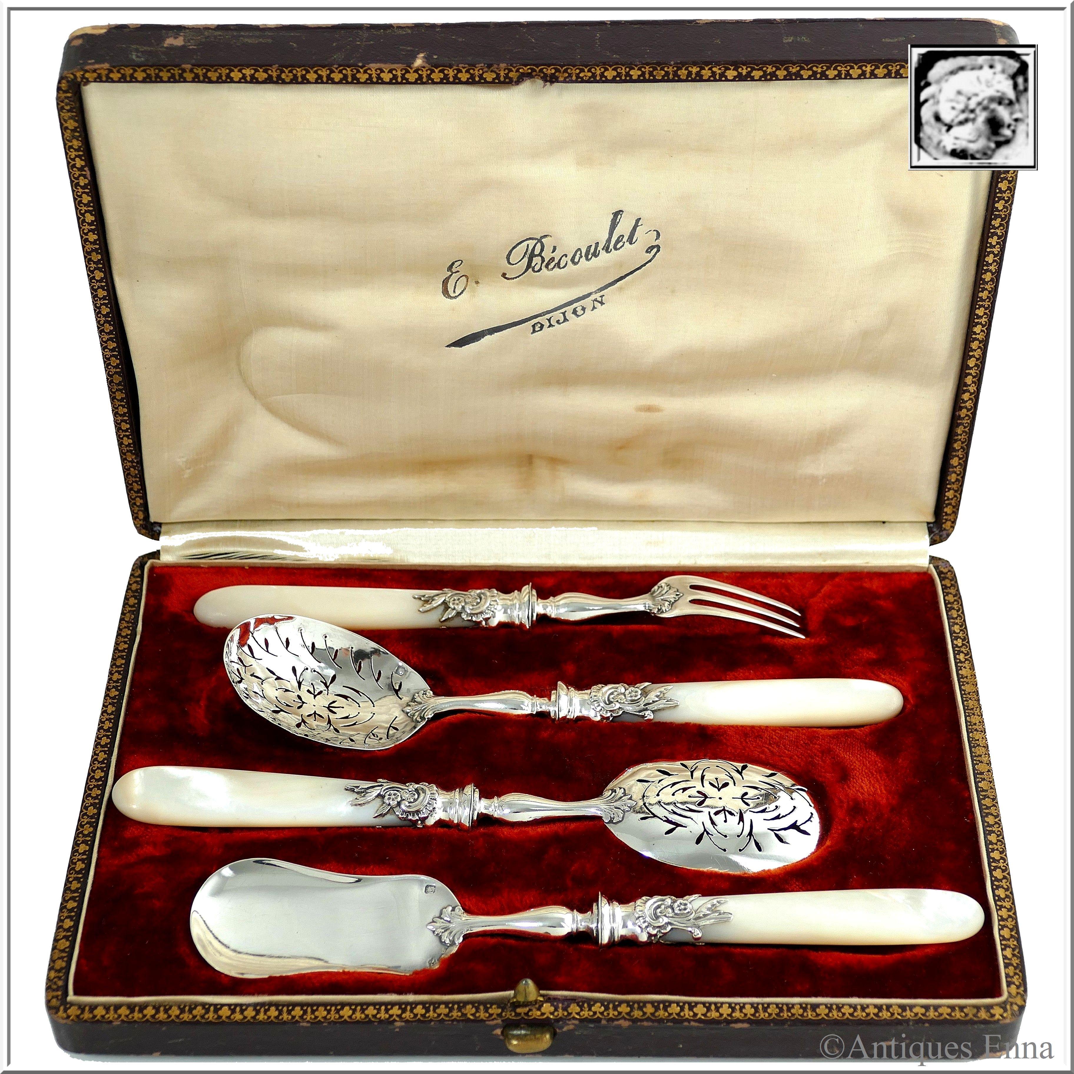 Veyrat French Sterling Silver Mother of Pearl Dessert Hors D'Oeuvre Set, Box 2