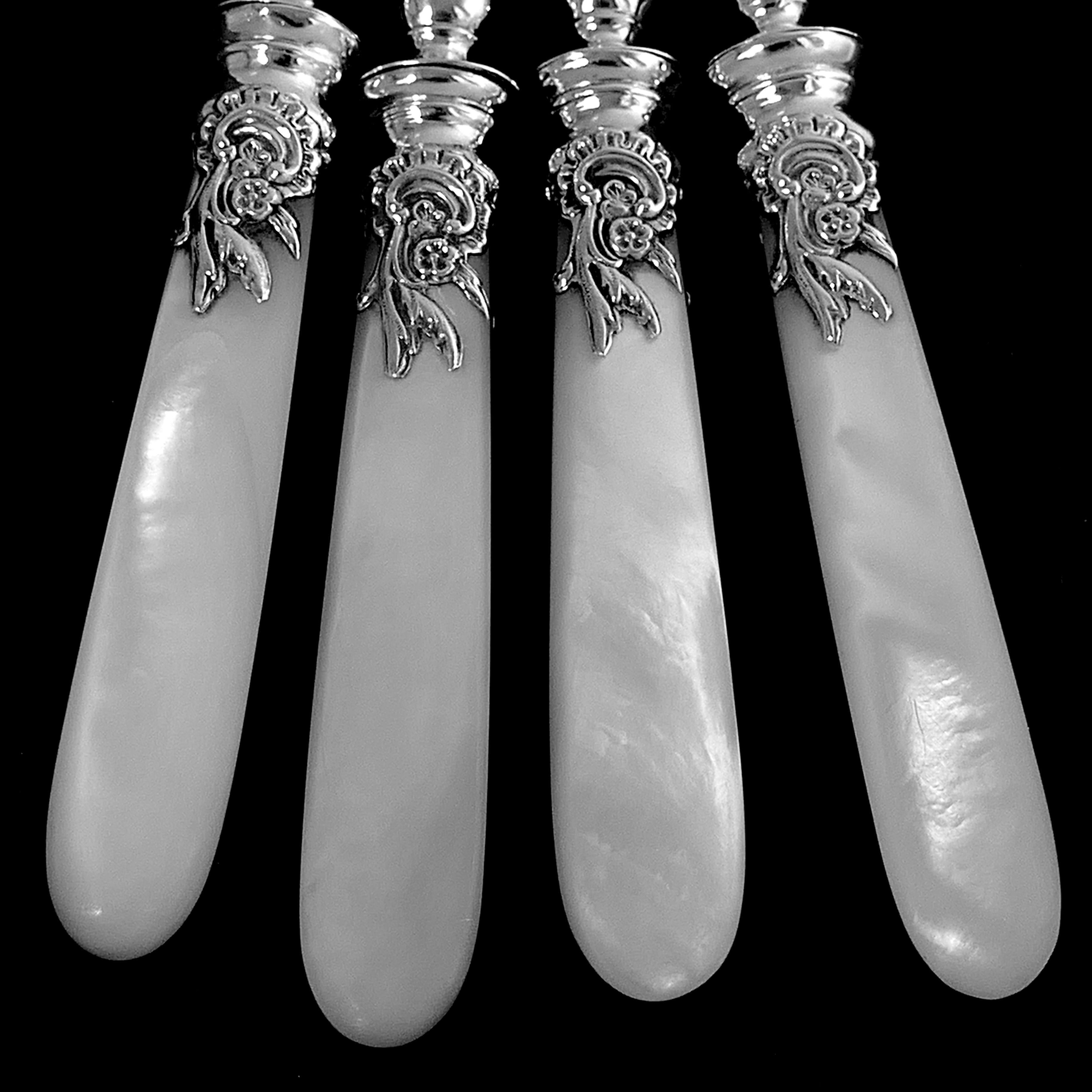 Veyrat French Sterling Silver Mother of Pearl Dessert Hors D'Oeuvre Set, Box 3