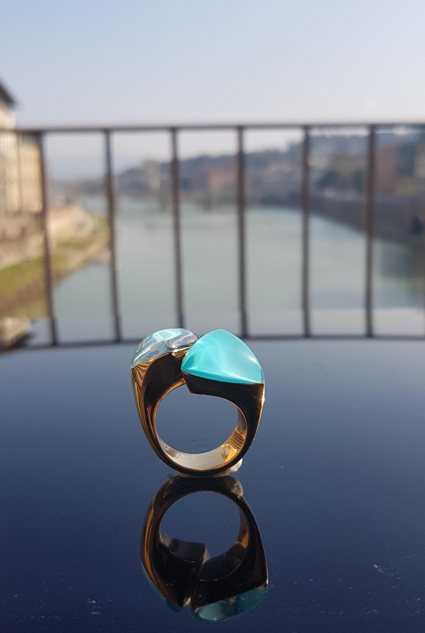 Women's or Men's Vhernier 18 Karat Red Gold, Turquoise and Rock Crystal Freccia Ring For Sale
