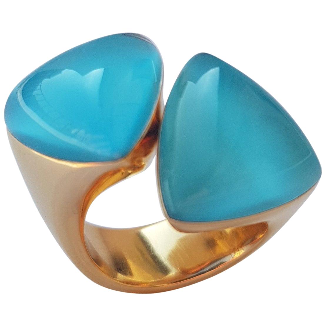 Vhernier 18 Karat Red Gold, Turquoise and Rock Crystal Freccia Ring For Sale