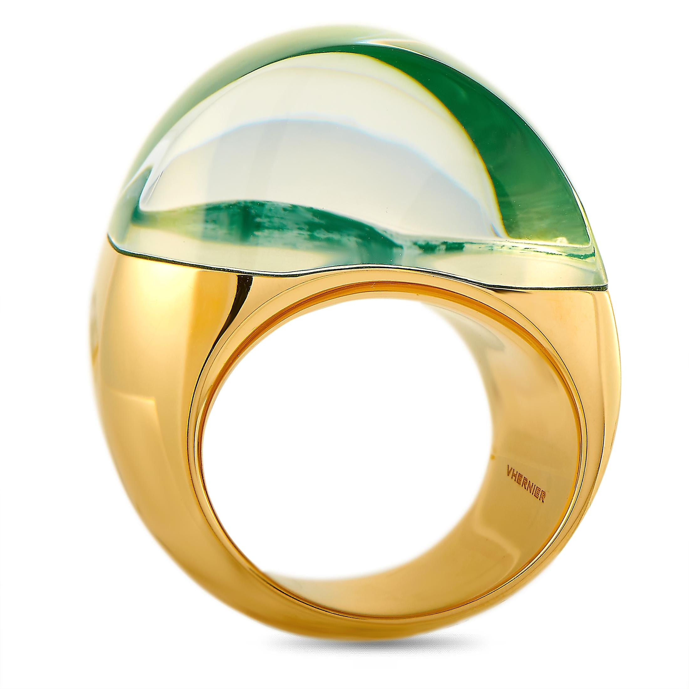 The Vhernier “Aladino” ring is made of 18K rose gold and embellished with jade and rock crystal. The ring weighs 23.4 grams and boasts band thickness of 10 mm and top height of 14 mm, while top dimensions measure 16 by 28 mm.
Ring Size: 7

This item