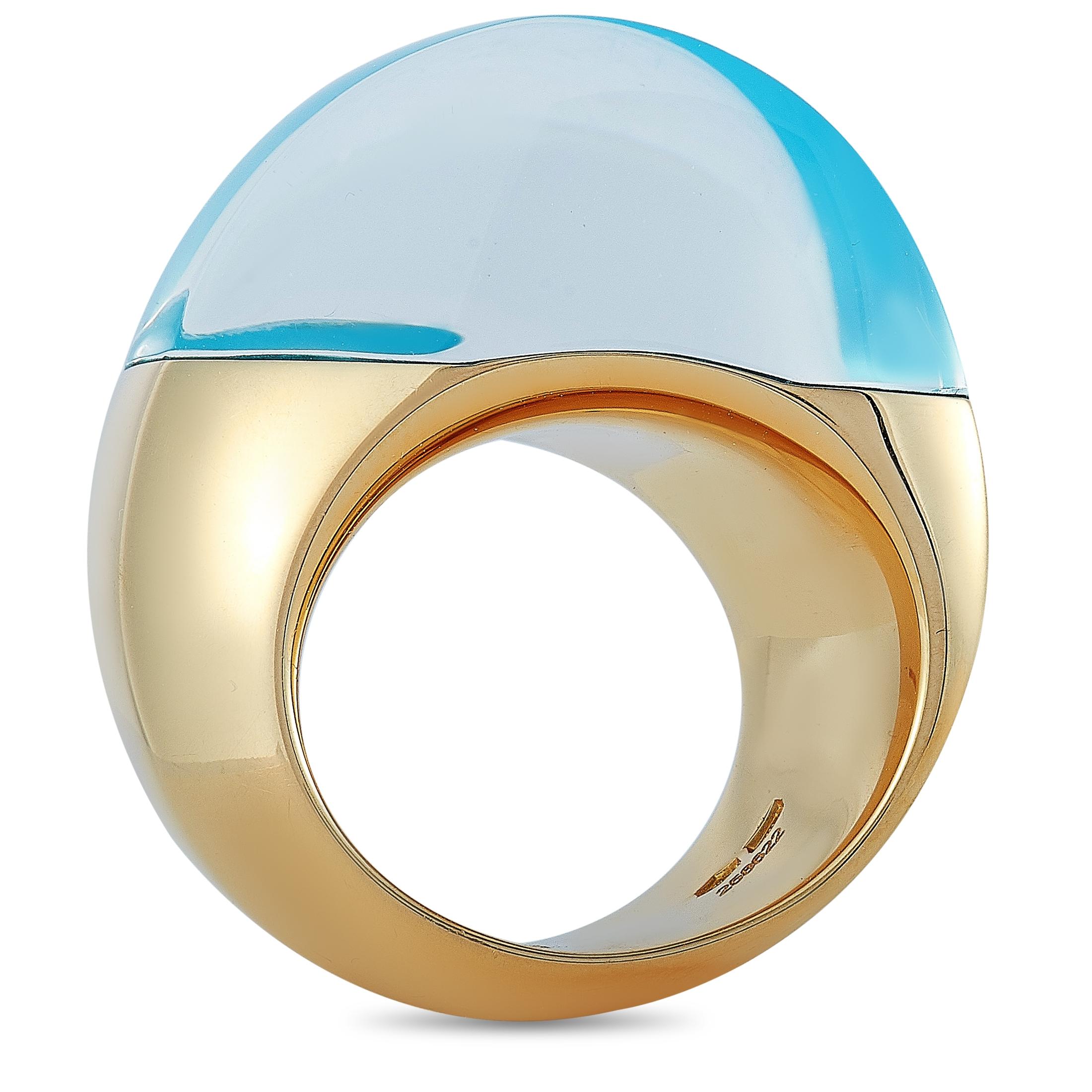 The Vhernier “Aladino” ring is made of 18K rose gold and embellished with turquoise and rock crystal. The ring weighs 23.9 grams and boasts band thickness of 10 mm and top height of 14 mm, while top dimensions measure 30 by 16 mm.
Ring Size: