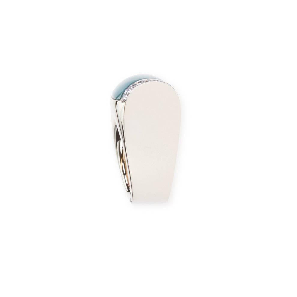 Women's or Men's Vhernier Aquamarine Mother-of-Pearl Diamonds White Gold Onda Ring For Sale