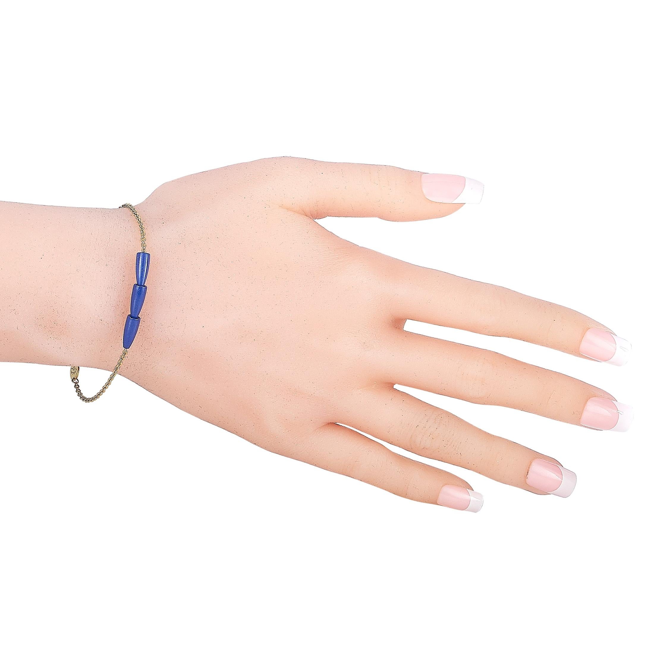 The Vhernier “Calla Mini” bracelet is made out of 18K yellow gold and lapis lazuli and weighs 3.1 grams, measuring 7” in length.

This jewelry piece is offered in brand new condition and includes the manufacturer’s box.