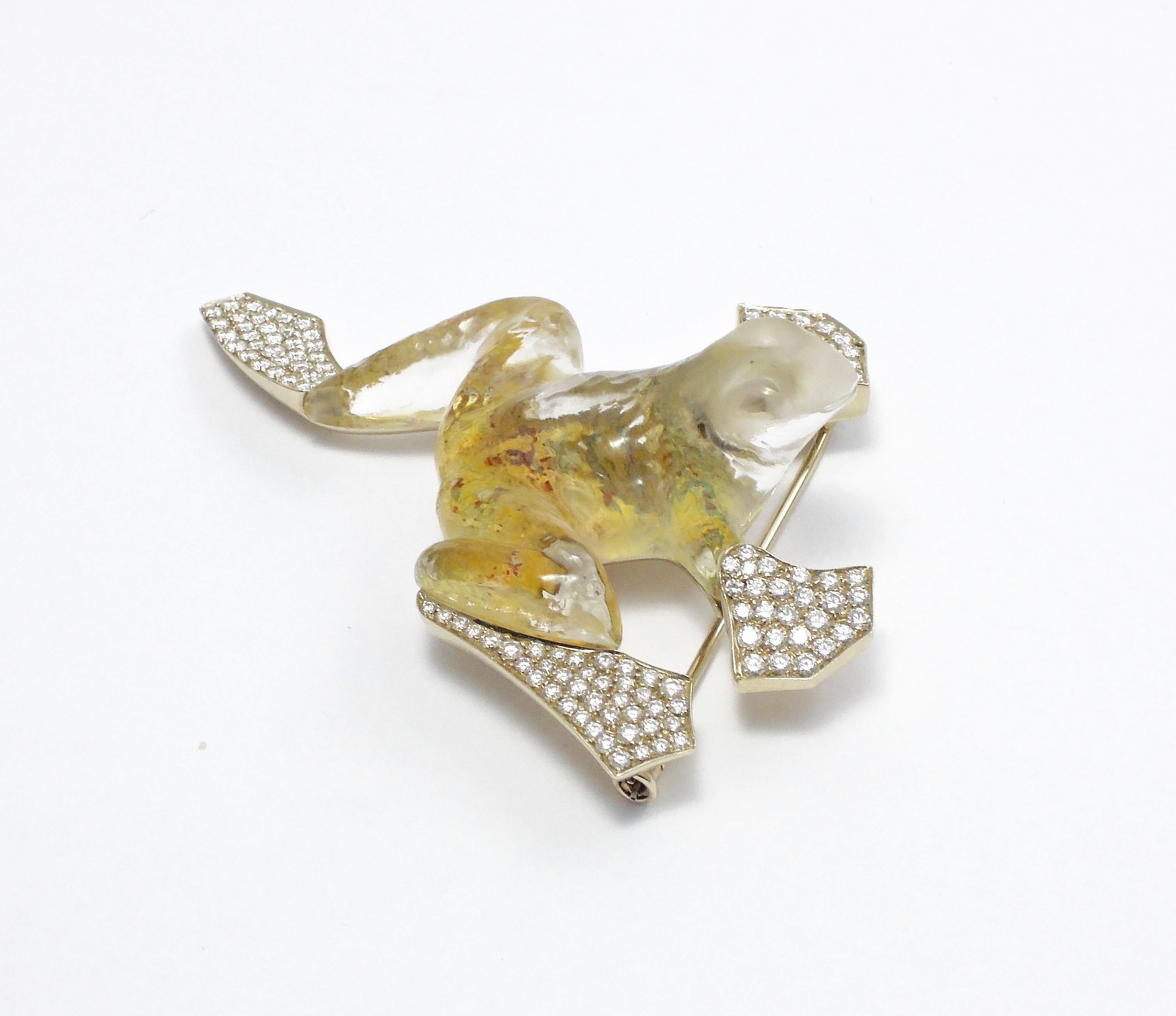 Big Size 18kt White Gold, Rock Crystal, and Diamond Vhernier frog brooch featuring carved rock crystal and imperial topaz frog with webbed feet accented with round diamonds. 

Total carat weight 1.32, G-H in color and VS in clarity.
Marked on the