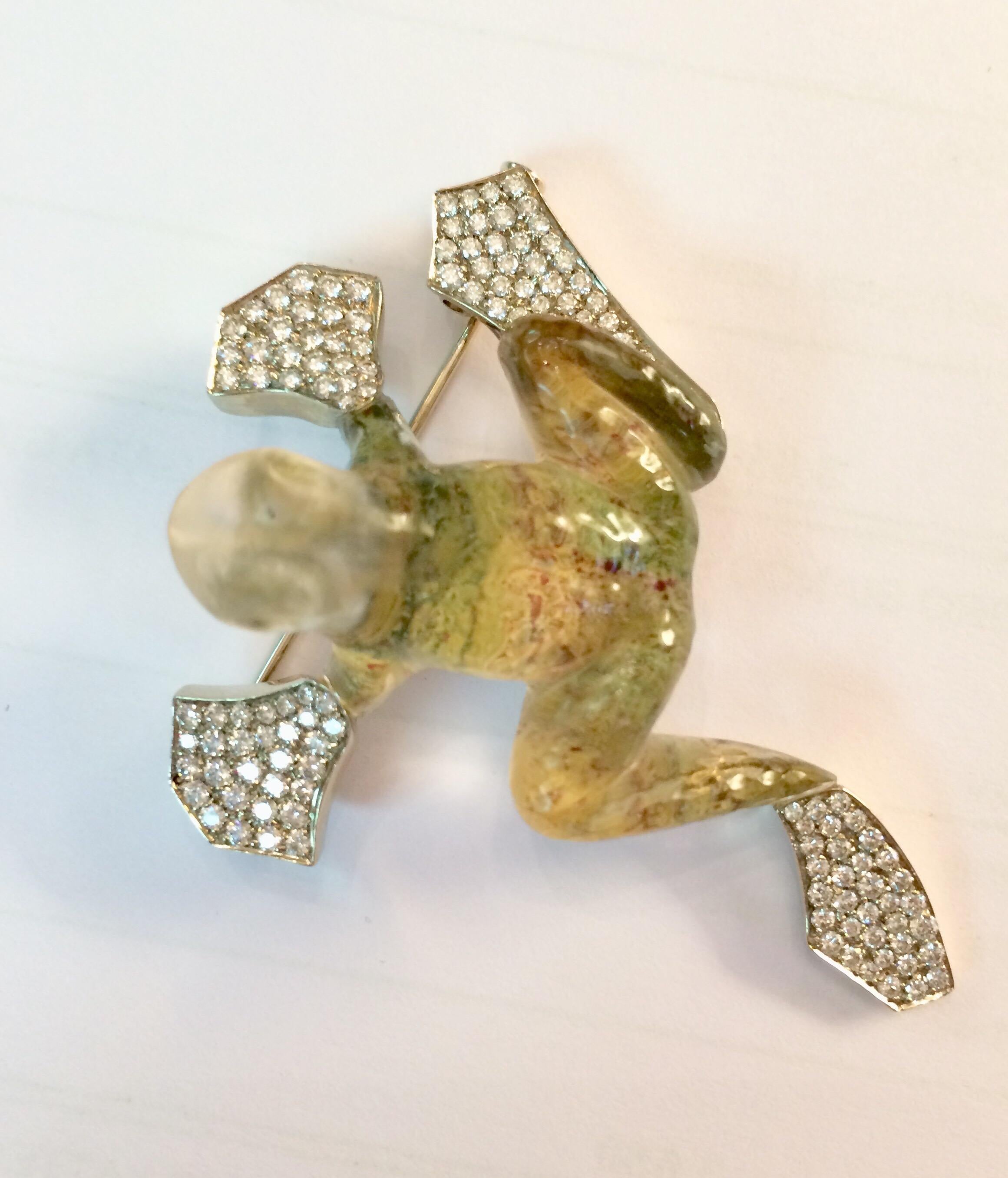 Contemporary Vhernier Curved Rock Crystal Imperial Topaz Frog Brooch Set in 18 Karat Gold For Sale